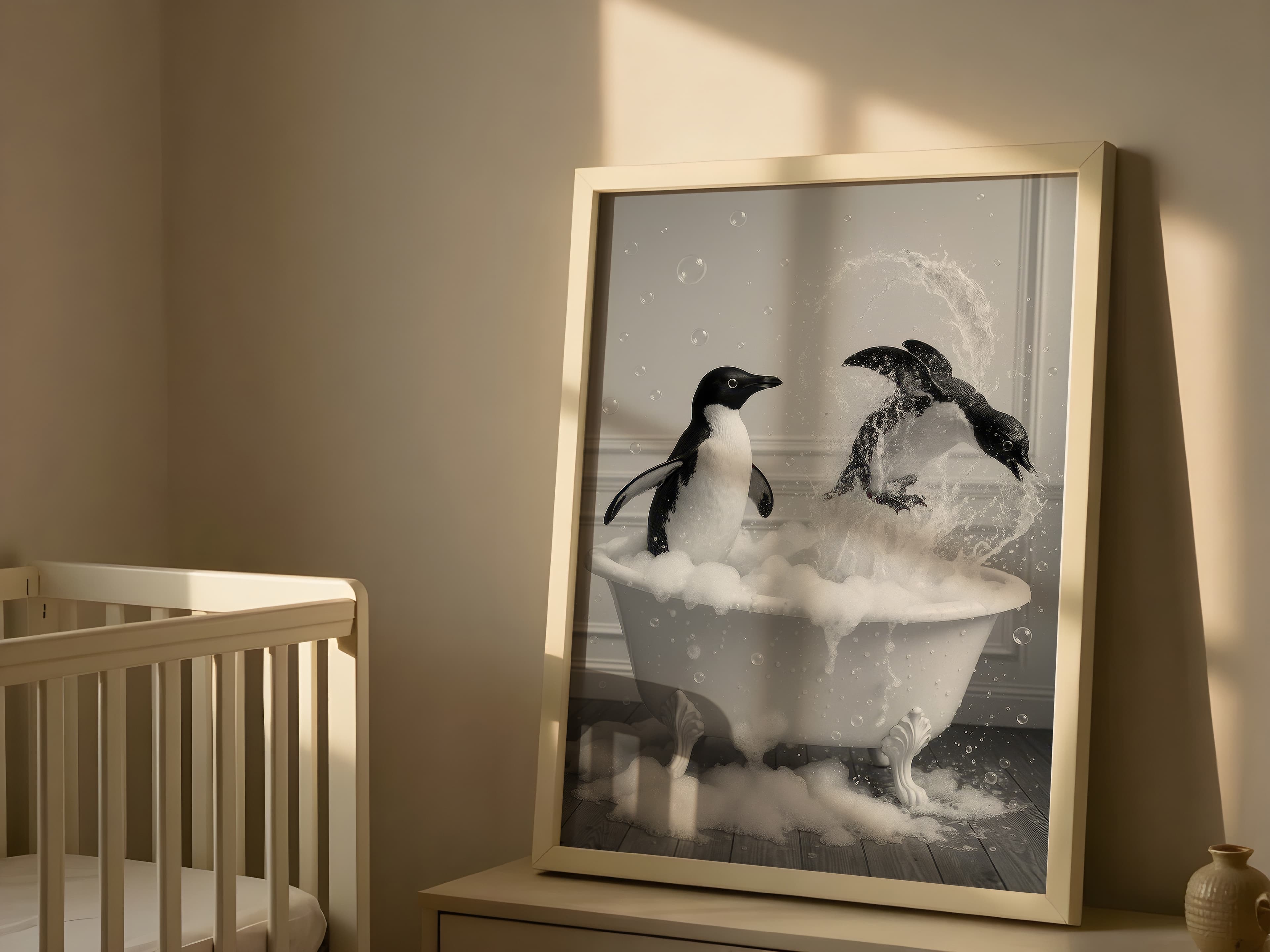 Penguin in Bathtub Print, Funny Bathroom Wall Art, Quirky Animal Poster