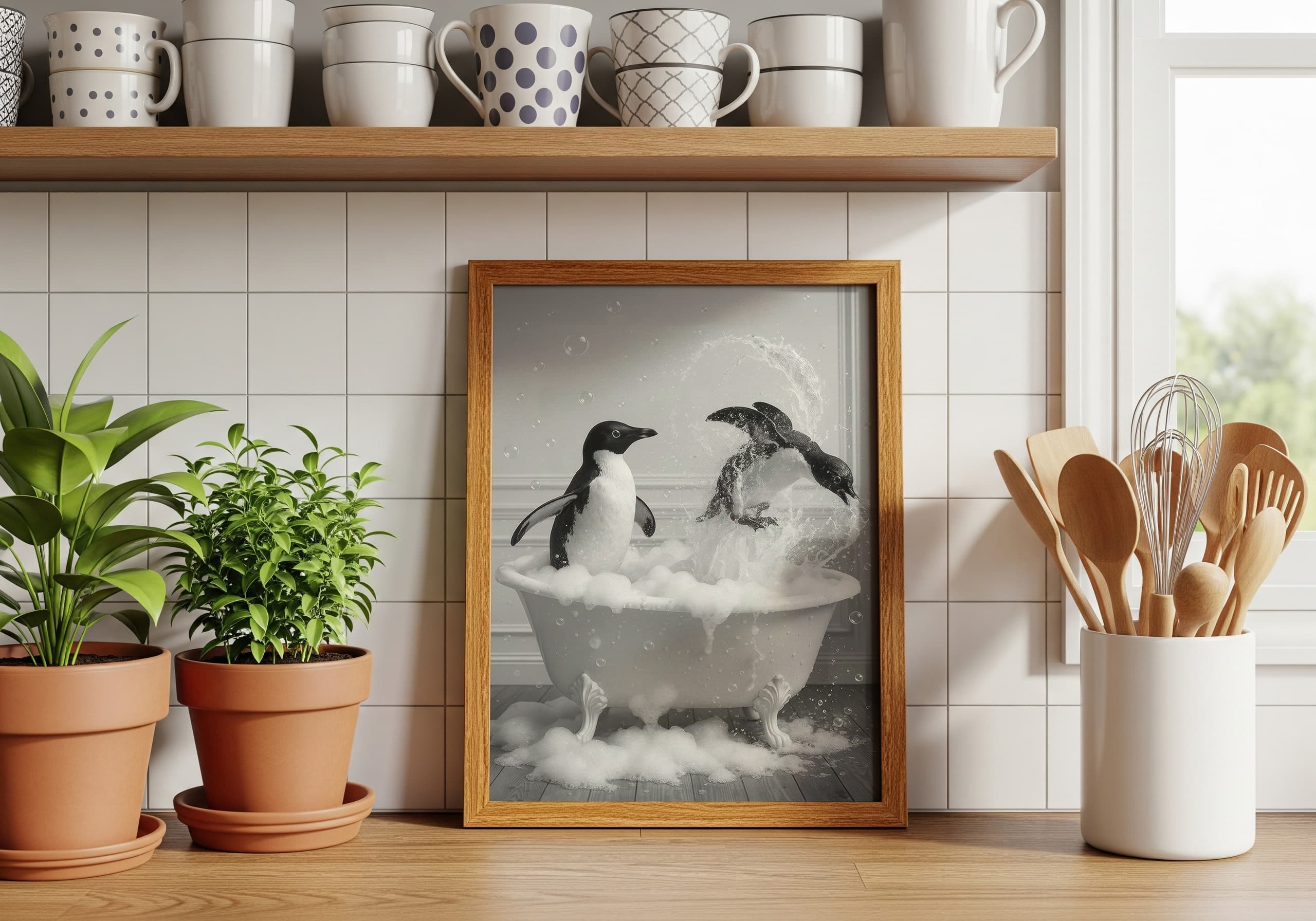 Penguin in Bathtub Print, Funny Bathroom Wall Art, Quirky Animal Poster