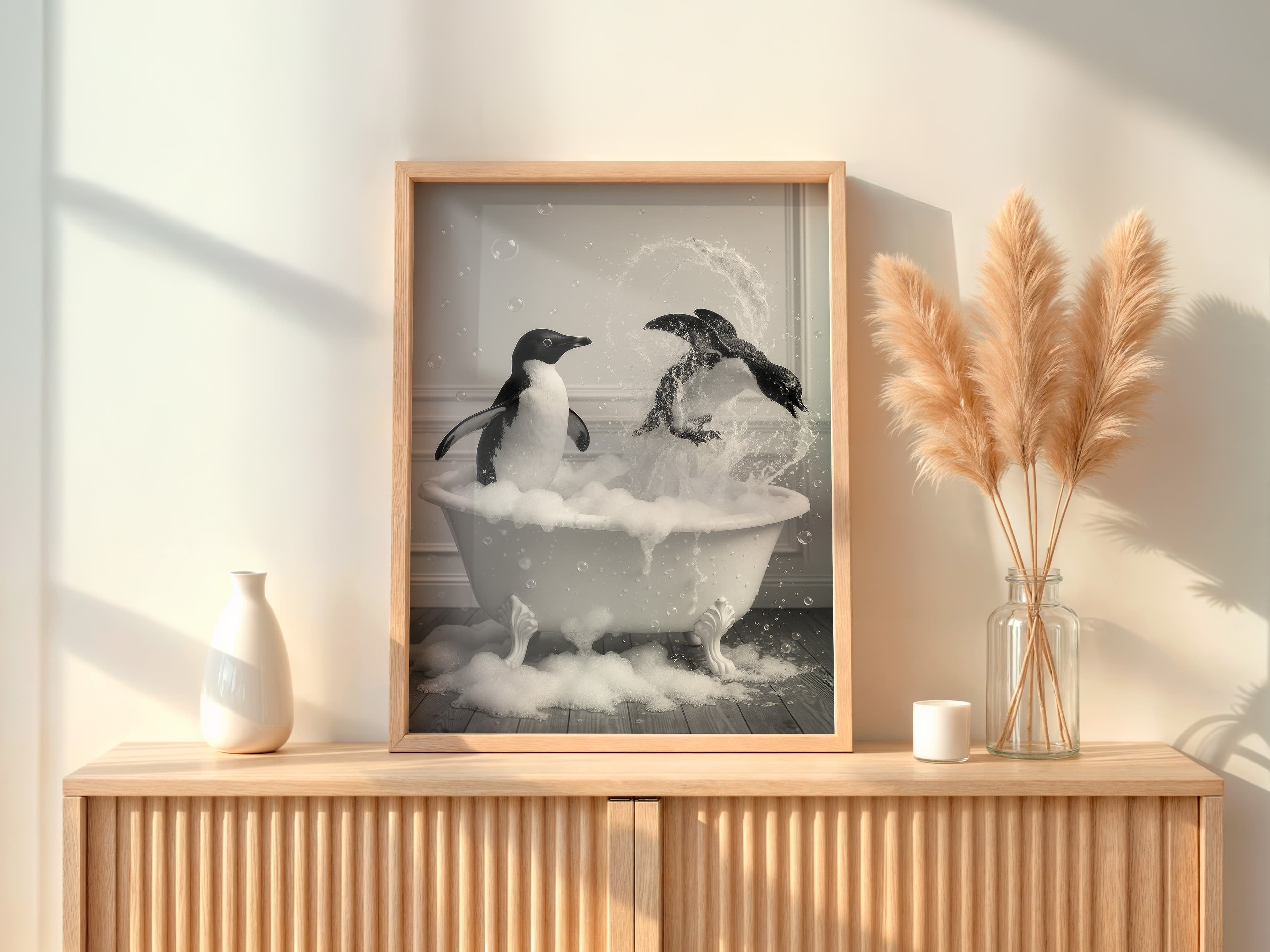 Penguin in Bathtub Print, Funny Bathroom Wall Art, Quirky Animal Poster