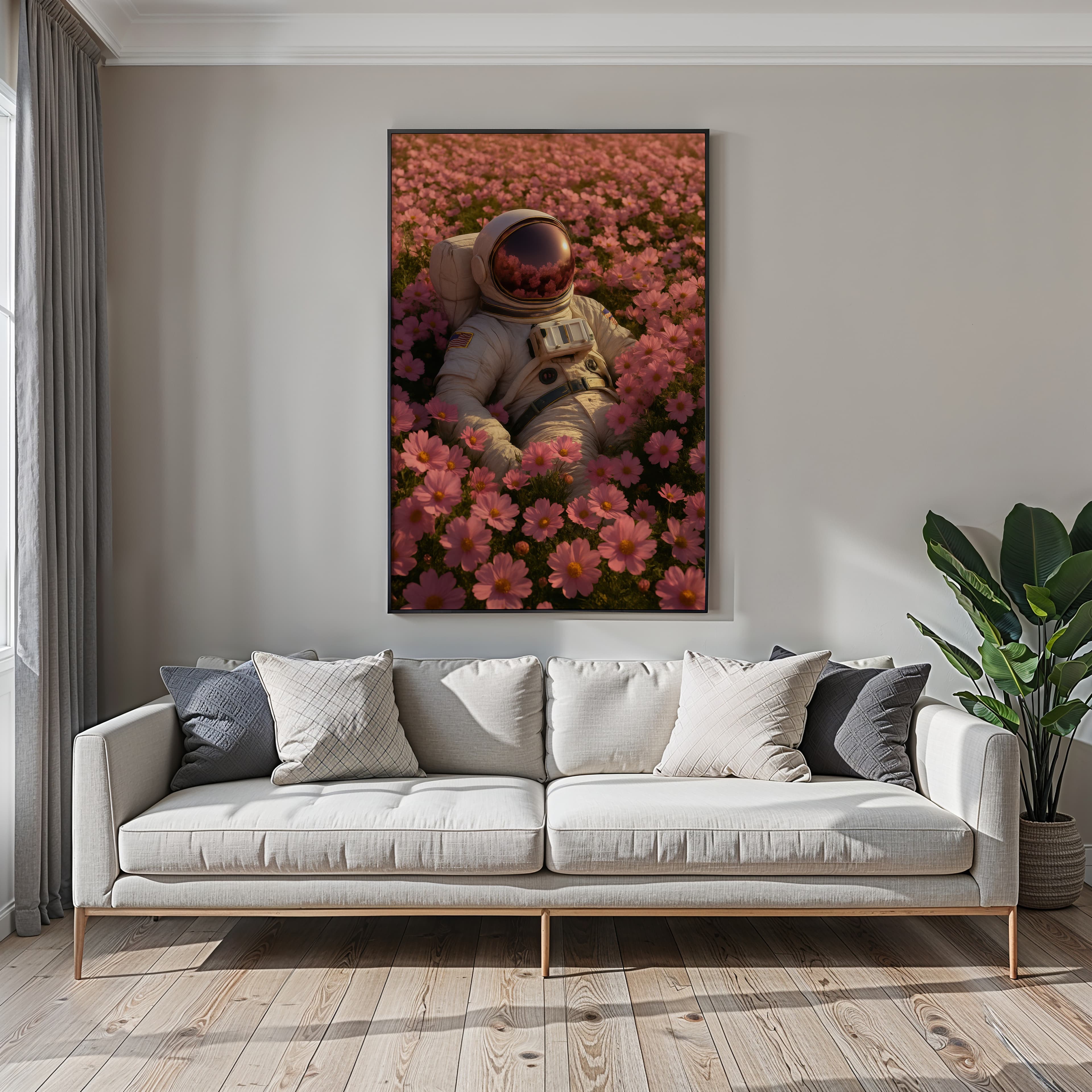 Astronaut in Pink Flower Field Print, Surreal Space Art, Calm Bedroom Decor
