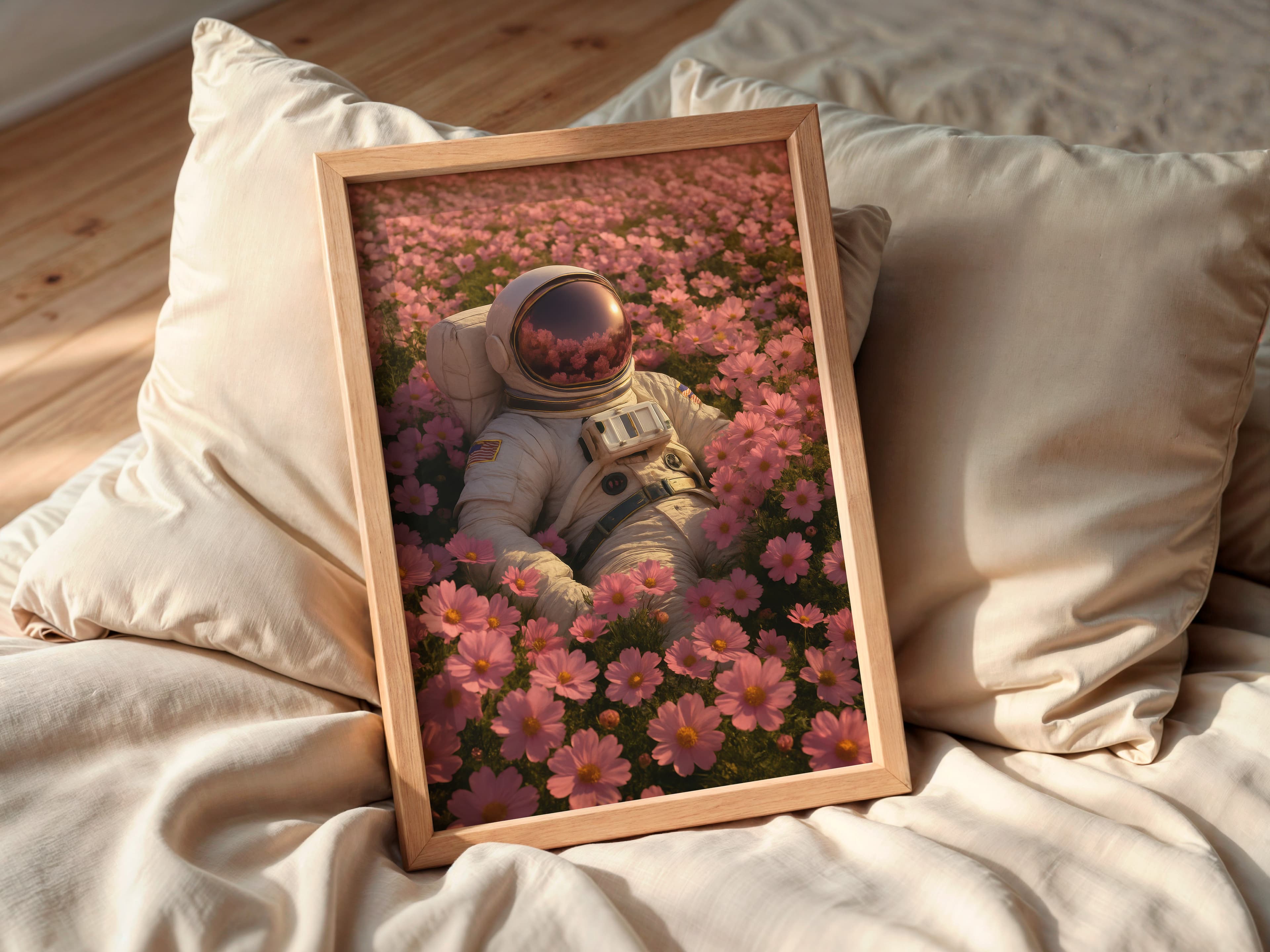 Astronaut in Pink Flower Field Print, Surreal Space Art, Calm Bedroom Decor