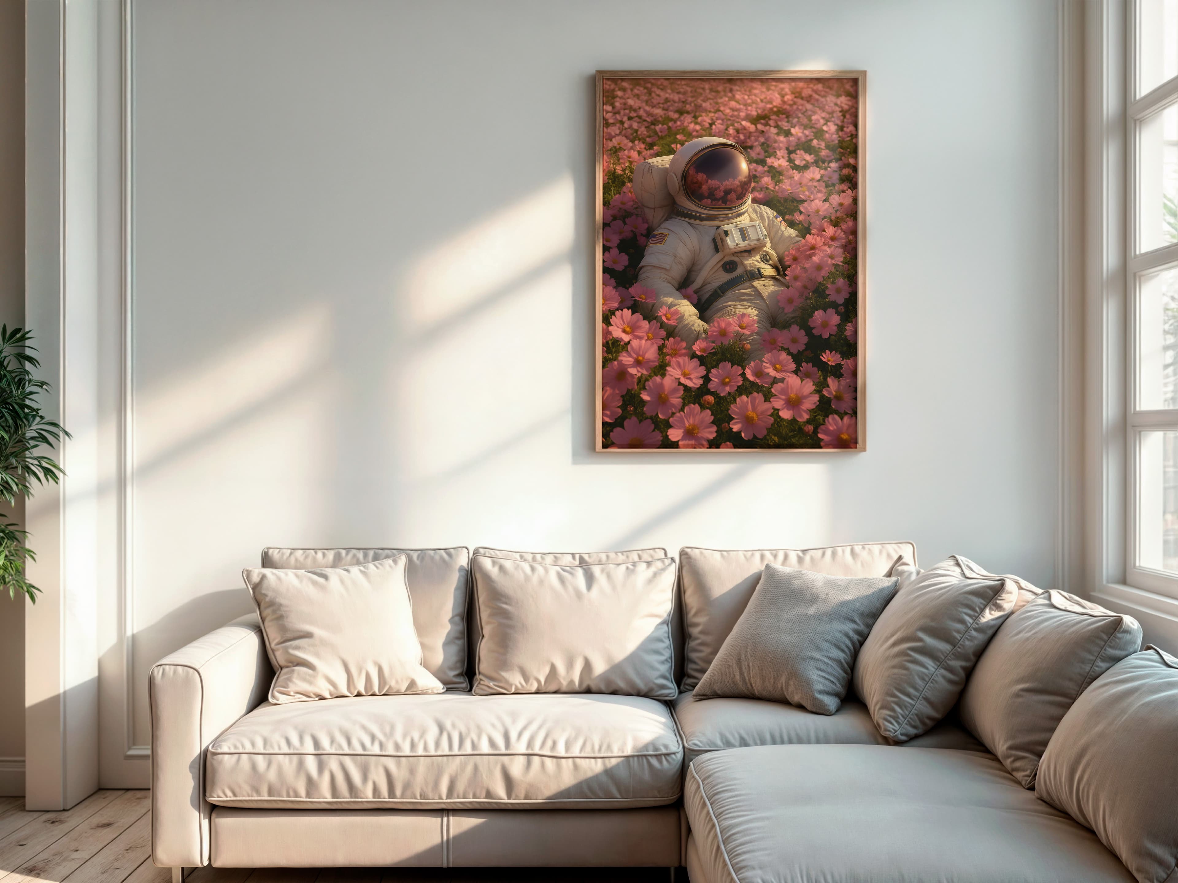 Astronaut in Pink Flower Field Print, Surreal Space Art, Calm Bedroom Decor