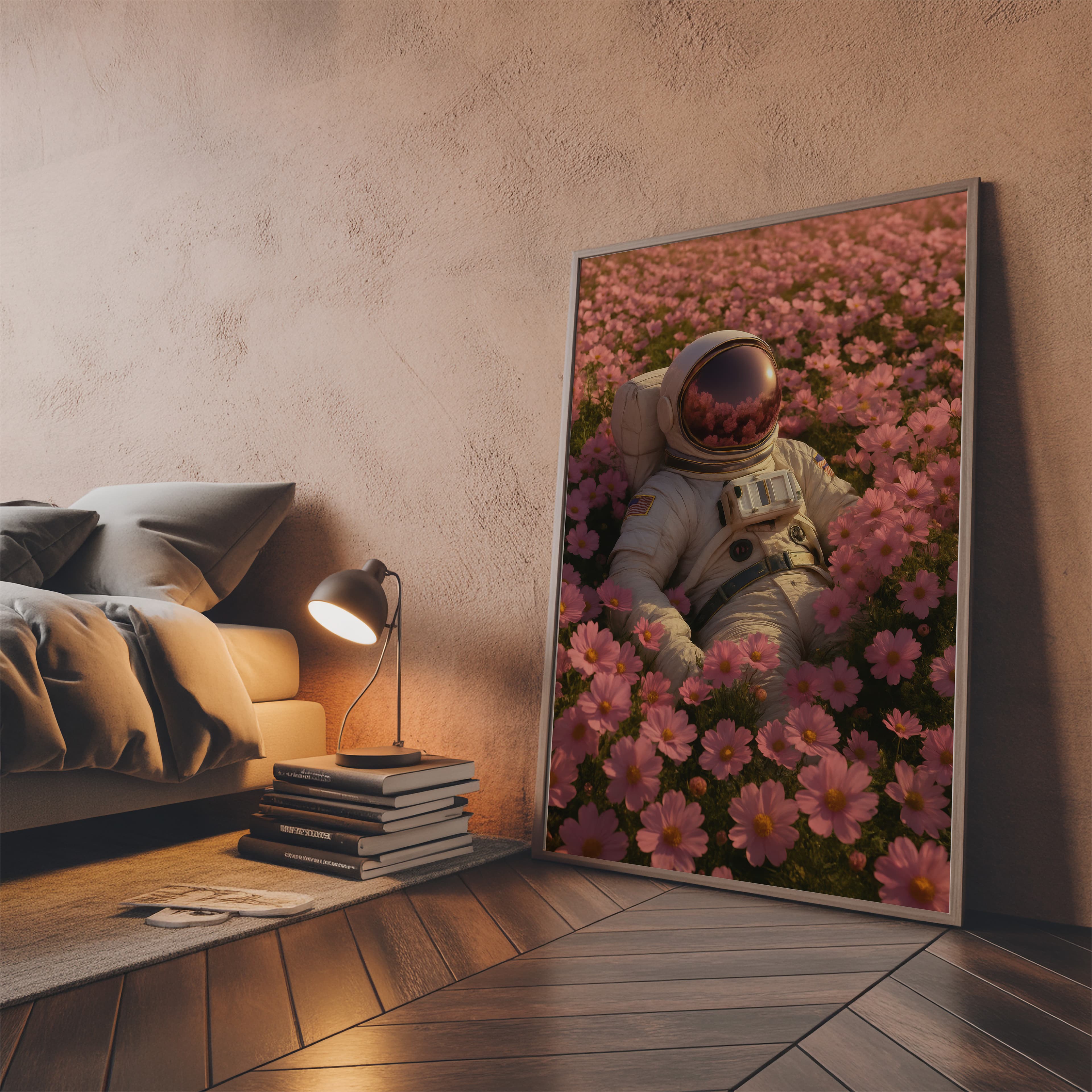 Astronaut in Pink Flower Field Print, Surreal Space Art, Calm Bedroom Decor