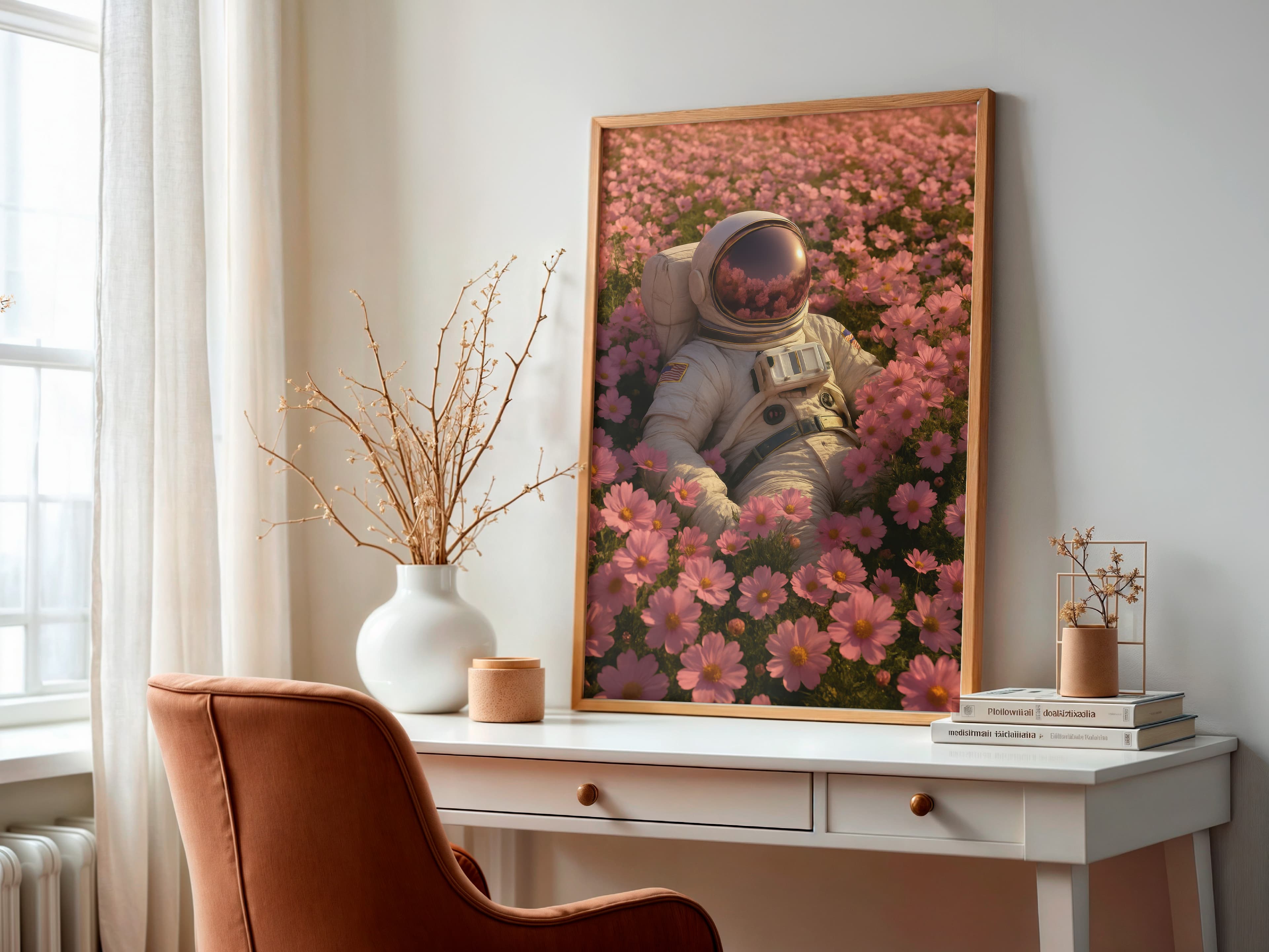 Astronaut in Pink Flower Field Print, Surreal Space Art, Calm Bedroom Decor