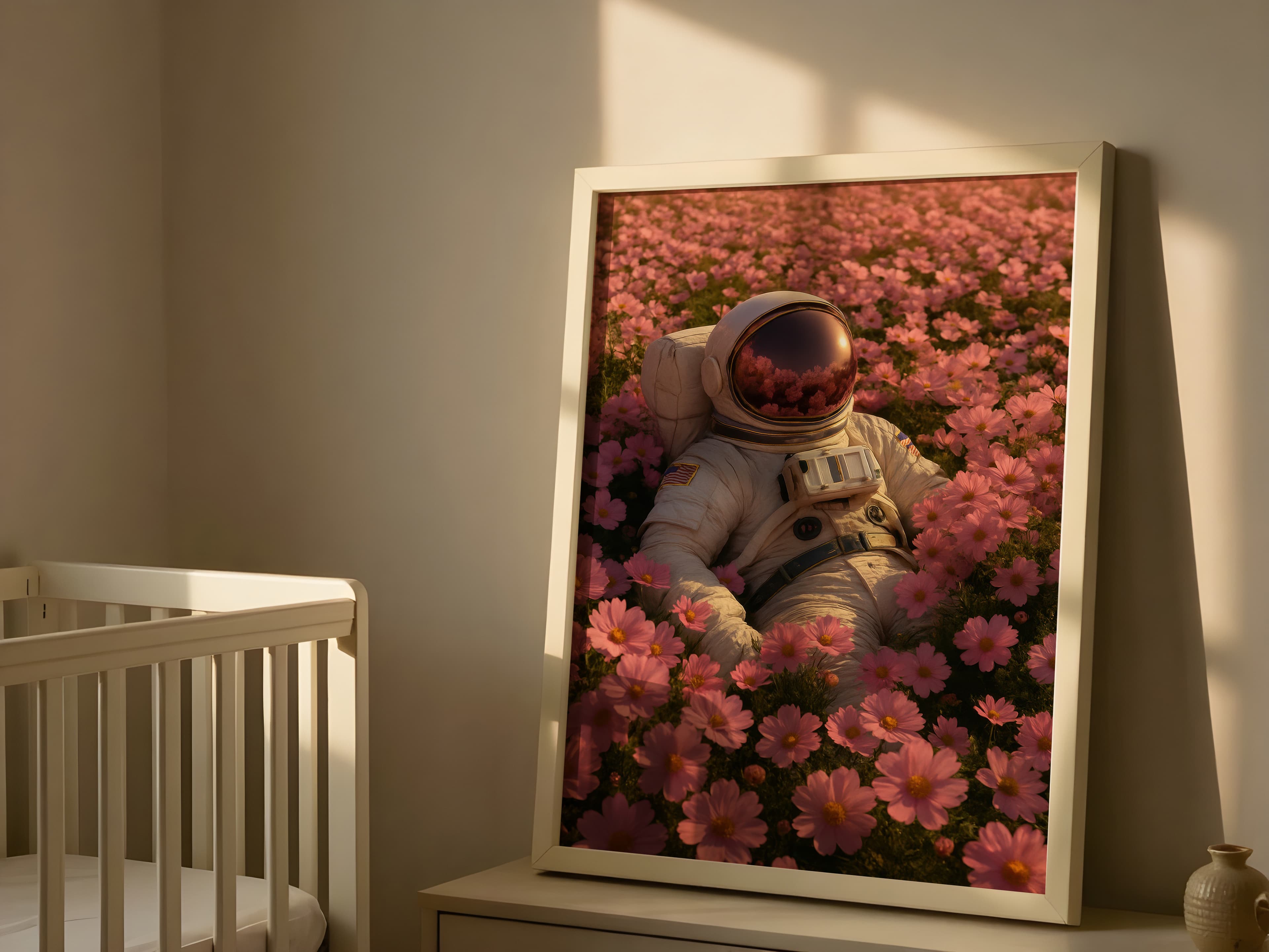 Astronaut in Pink Flower Field Print, Surreal Space Art, Calm Bedroom Decor