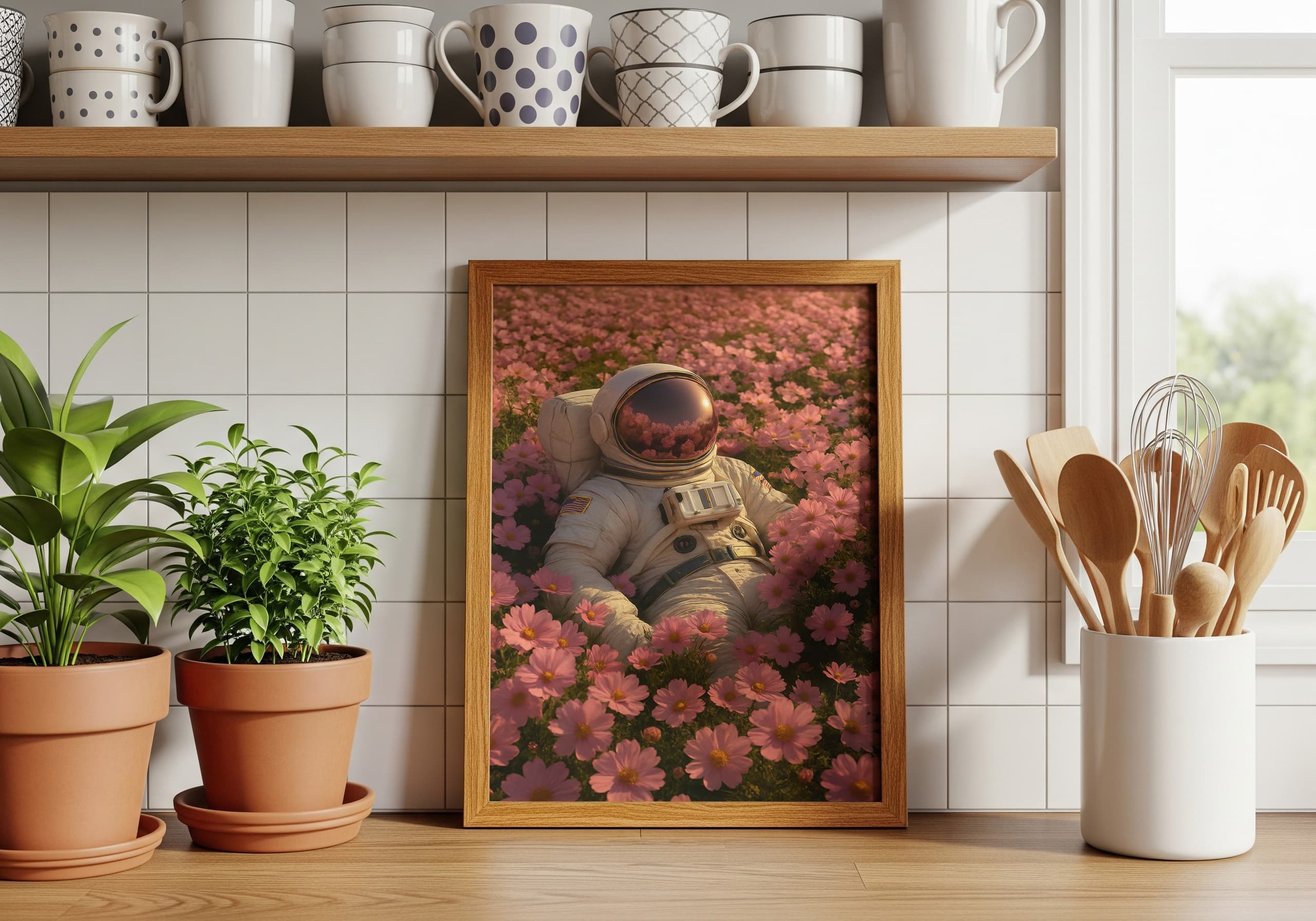 Astronaut in Pink Flower Field Print, Surreal Space Art, Calm Bedroom Decor