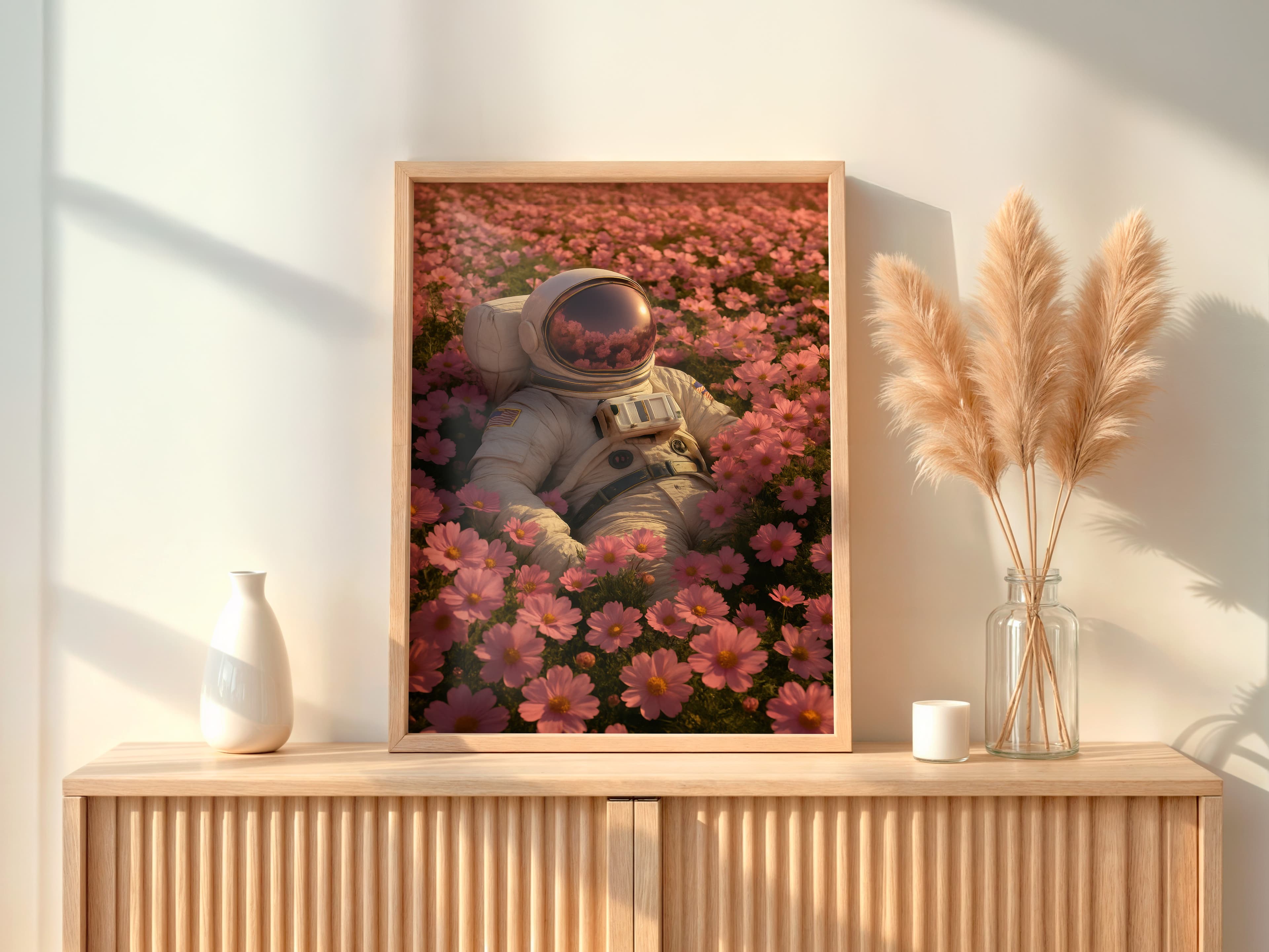 Astronaut in Pink Flower Field Print, Surreal Space Art, Calm Bedroom Decor
