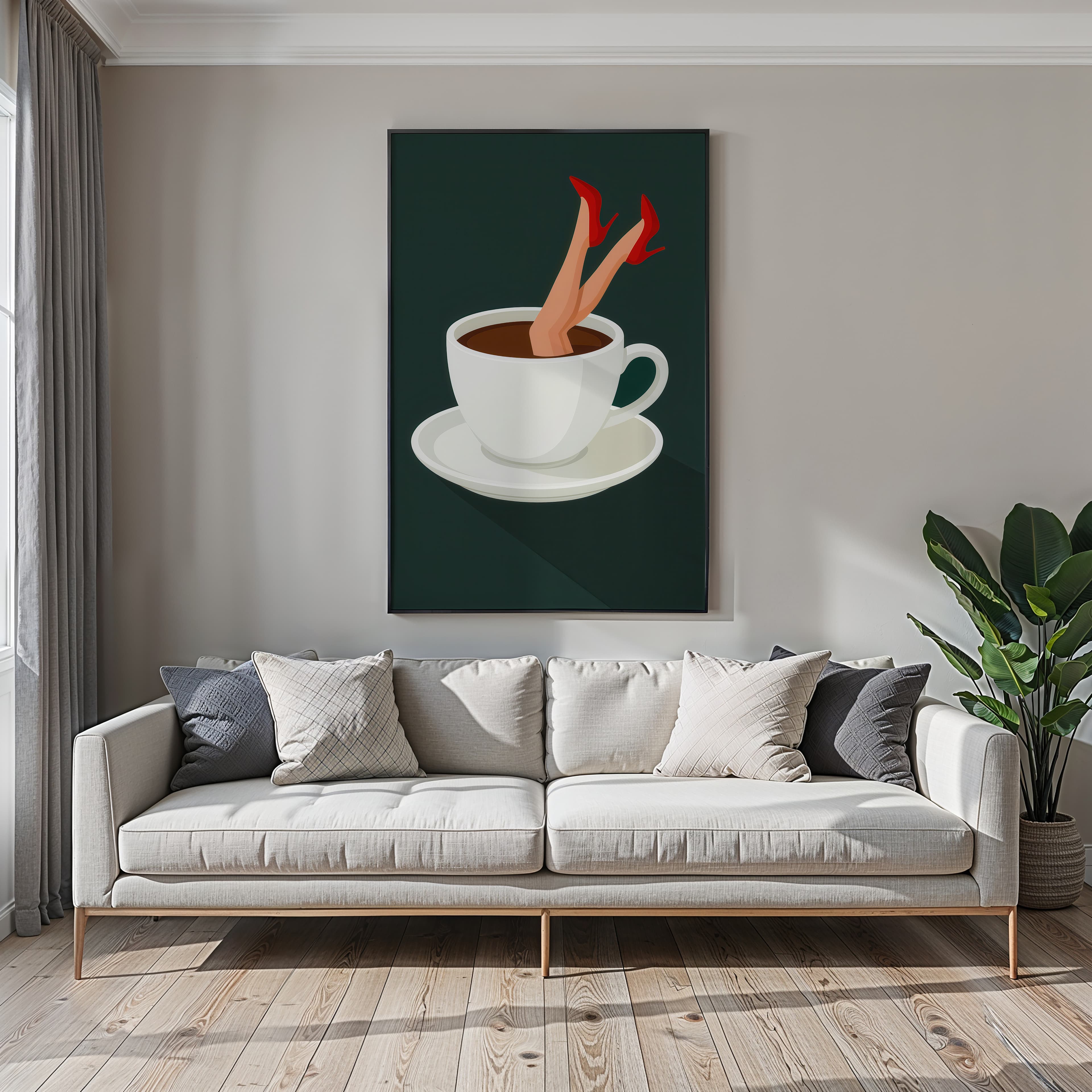 Red Stiletto Coffee Cup Print, Retro Kitchen Wall Art, Quirky Cafe Decor