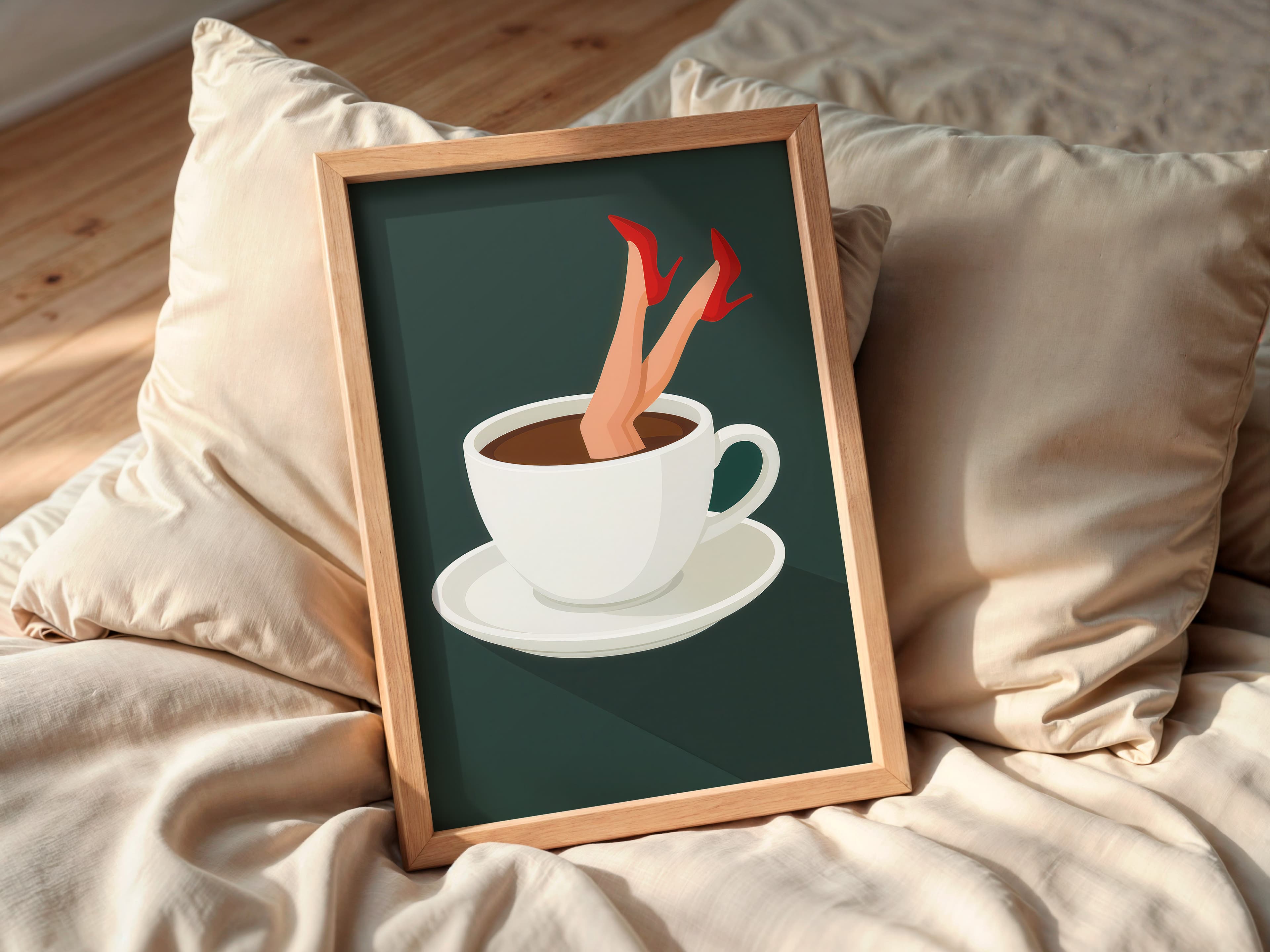 Red Stiletto Coffee Cup Print, Retro Kitchen Wall Art, Quirky Cafe Decor