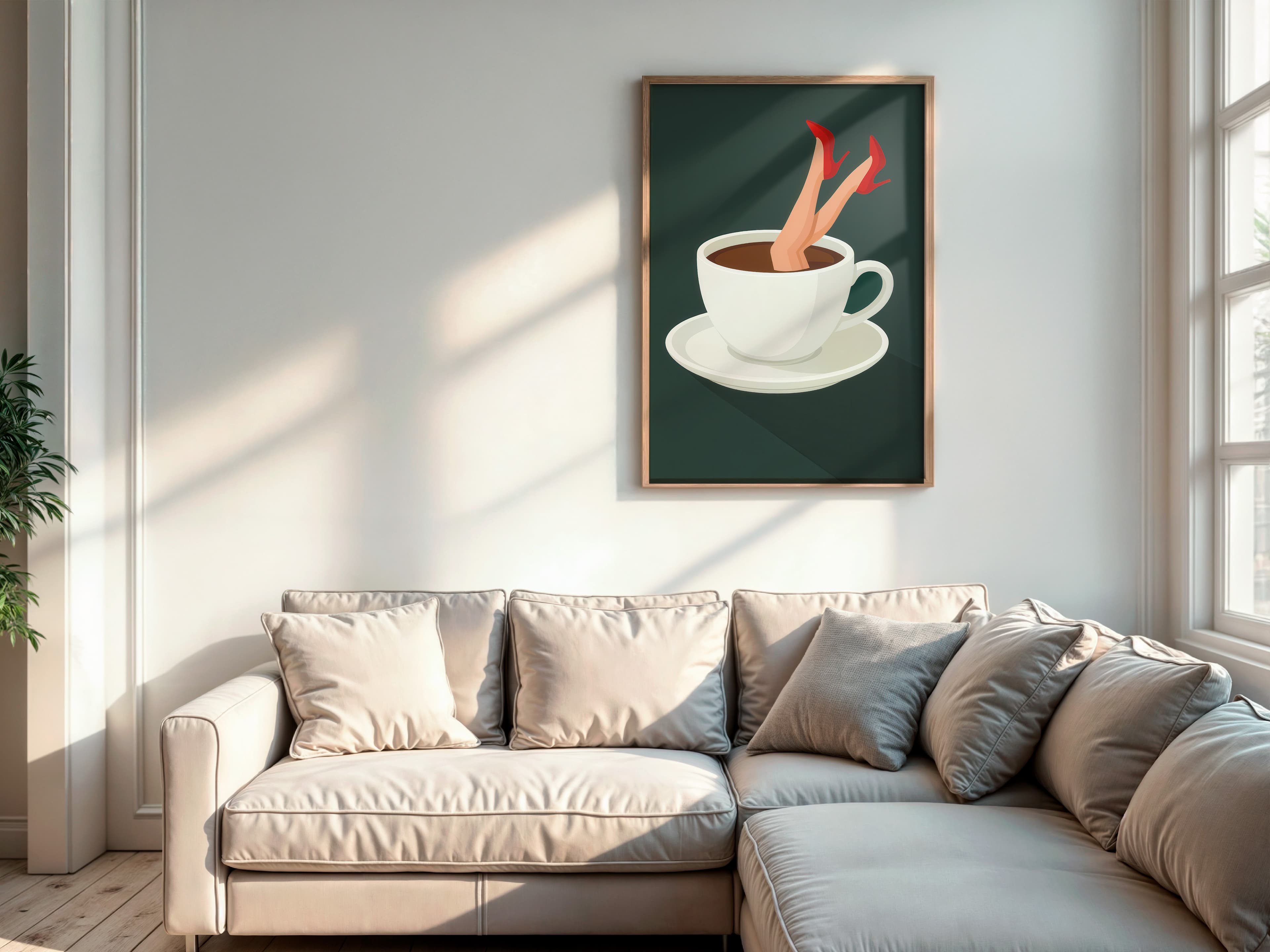 Red Stiletto Coffee Cup Print, Retro Kitchen Wall Art, Quirky Cafe Decor