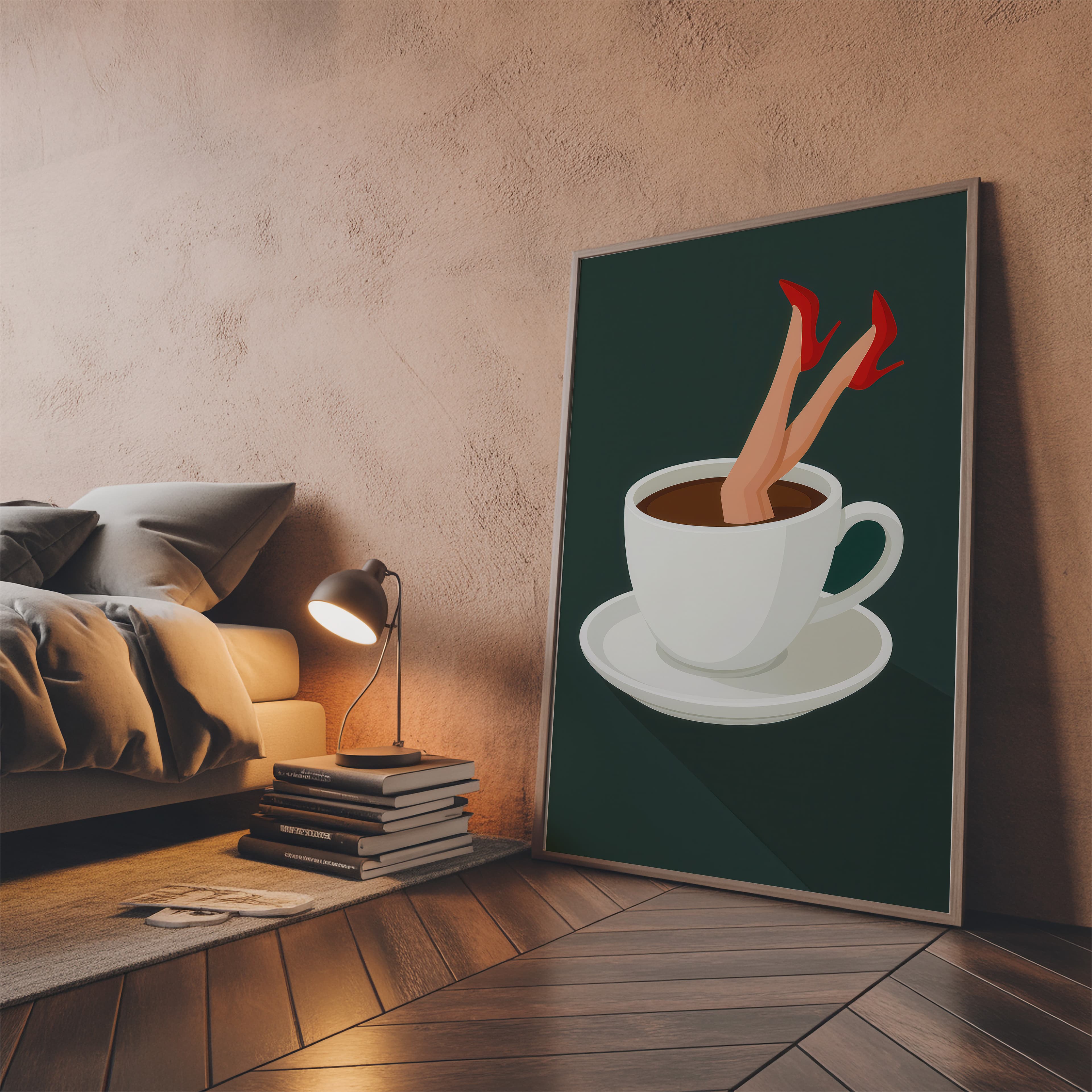 Red Stiletto Coffee Cup Print, Retro Kitchen Wall Art, Quirky Cafe Decor