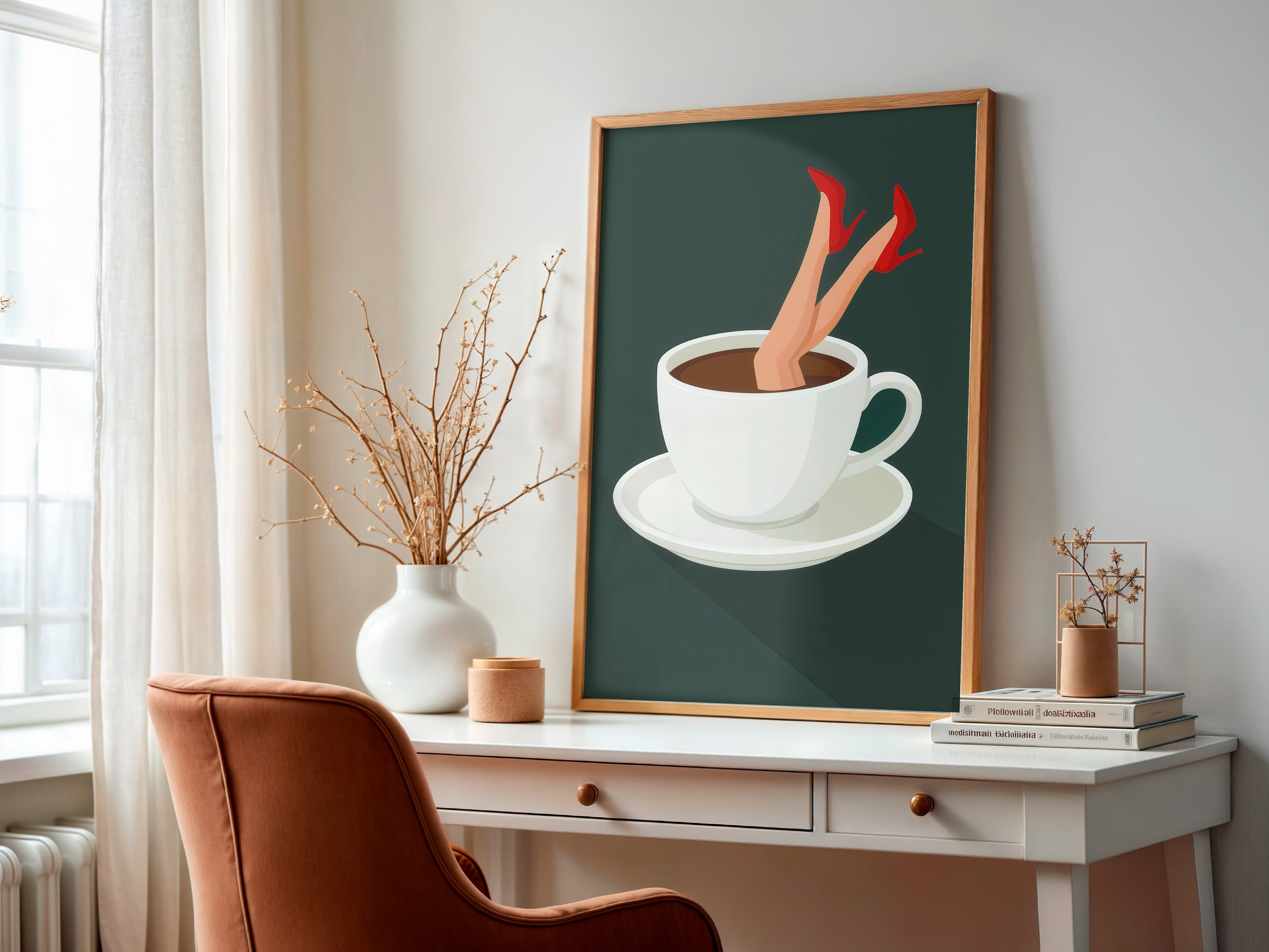 Red Stiletto Coffee Cup Print, Retro Kitchen Wall Art, Quirky Cafe Decor