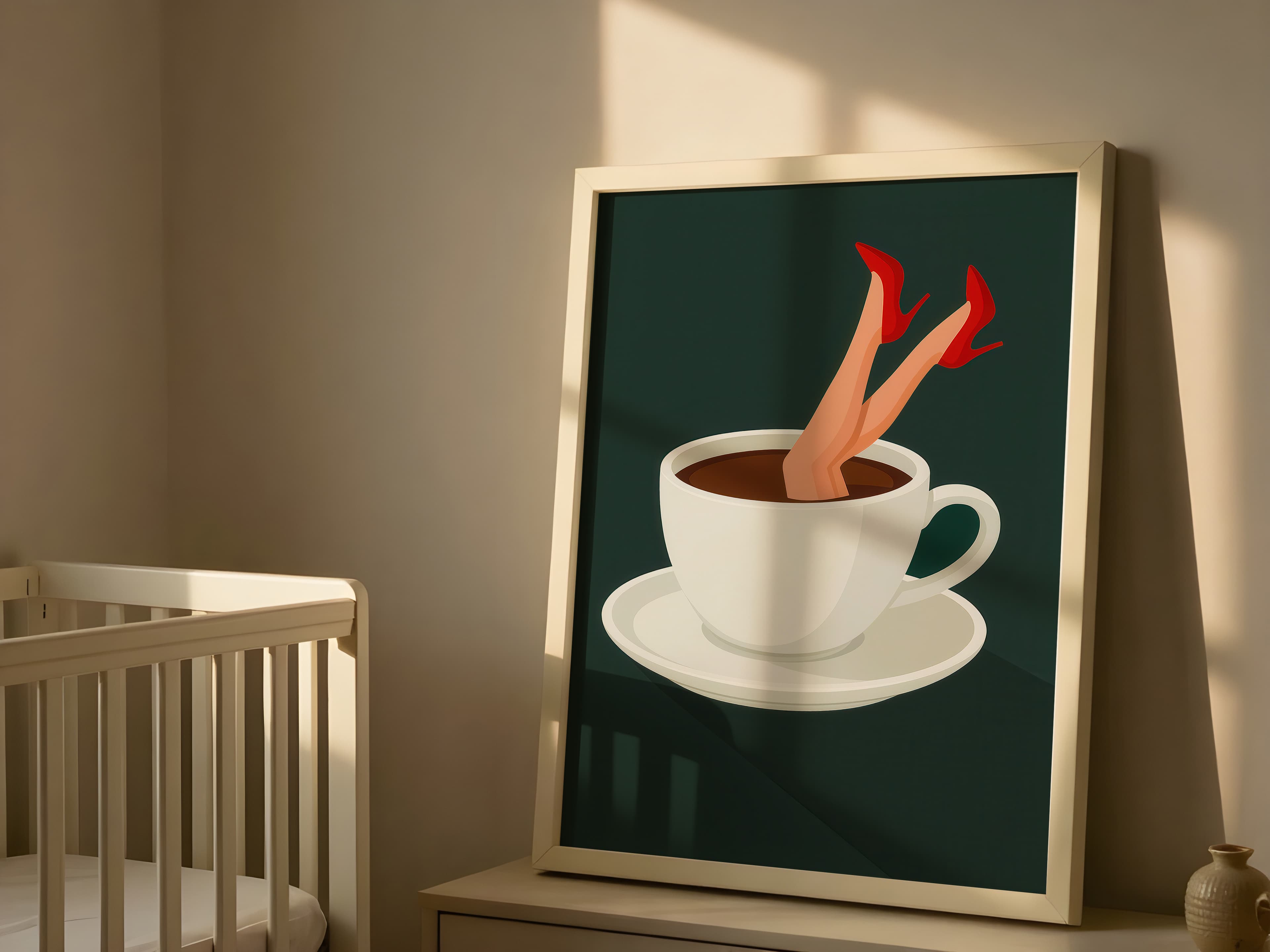 Red Stiletto Coffee Cup Print, Retro Kitchen Wall Art, Quirky Cafe Decor