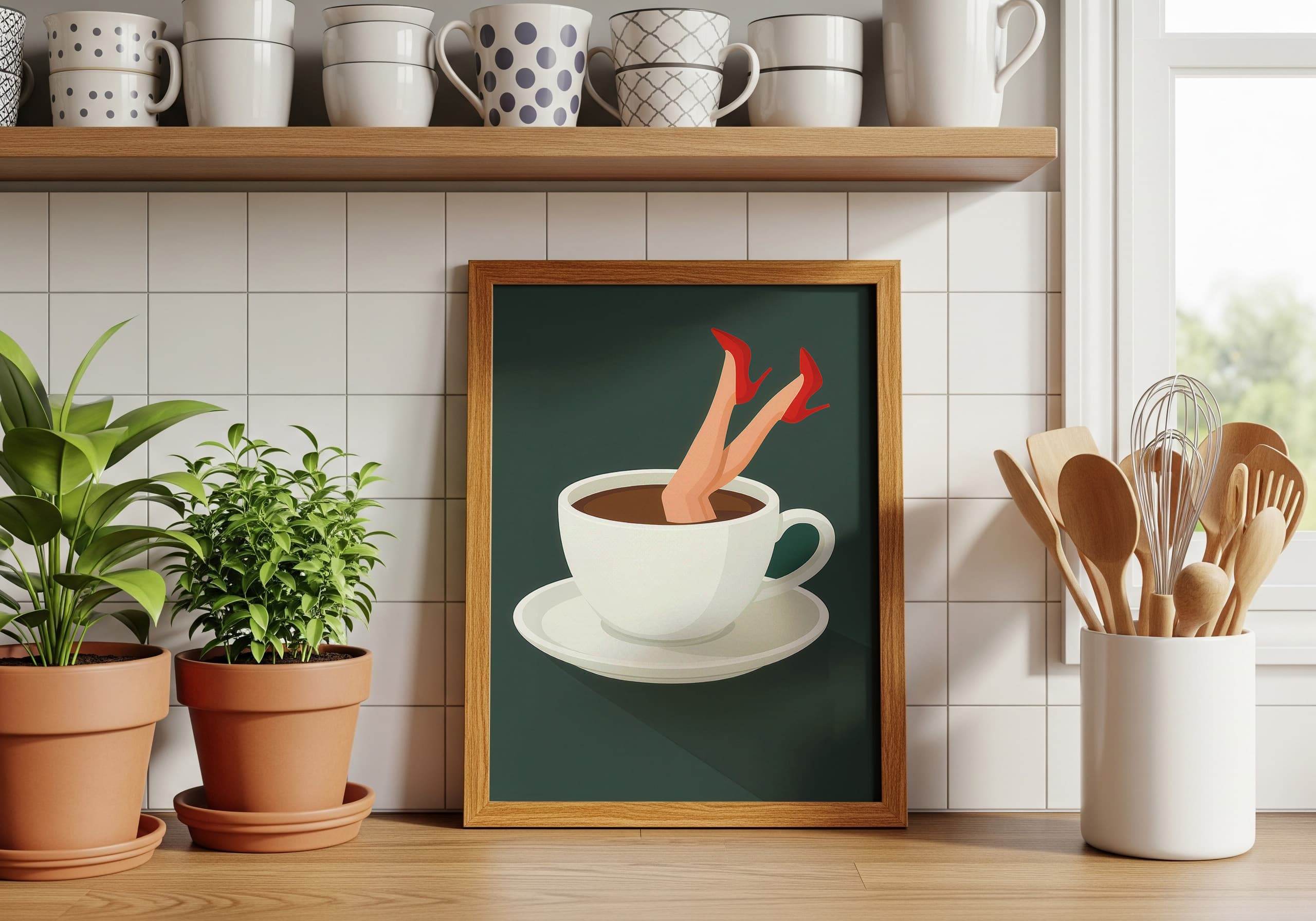 Red Stiletto Coffee Cup Print, Retro Kitchen Wall Art, Quirky Cafe Decor