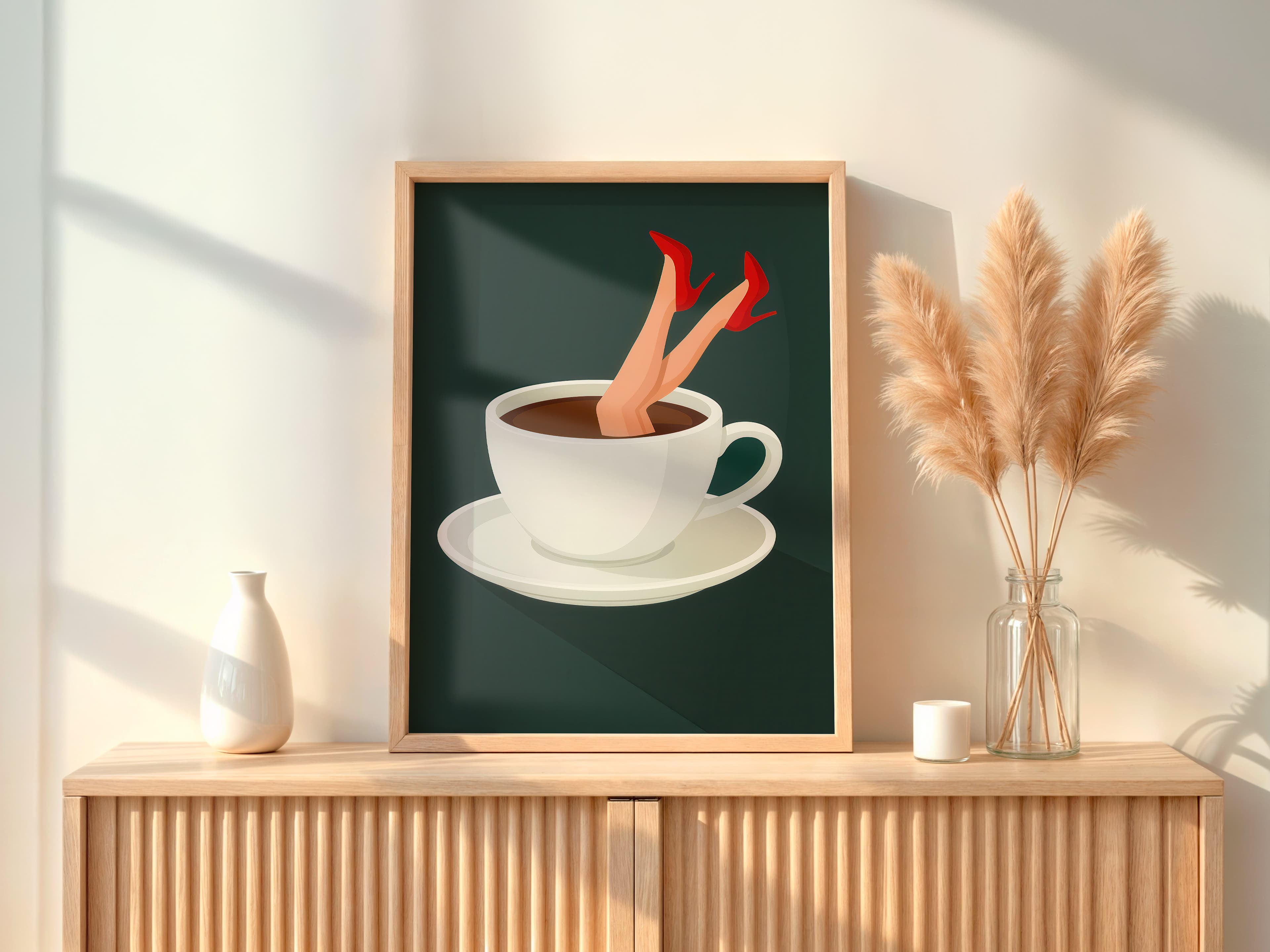 Red Stiletto Coffee Cup Print, Retro Kitchen Wall Art, Quirky Cafe Decor