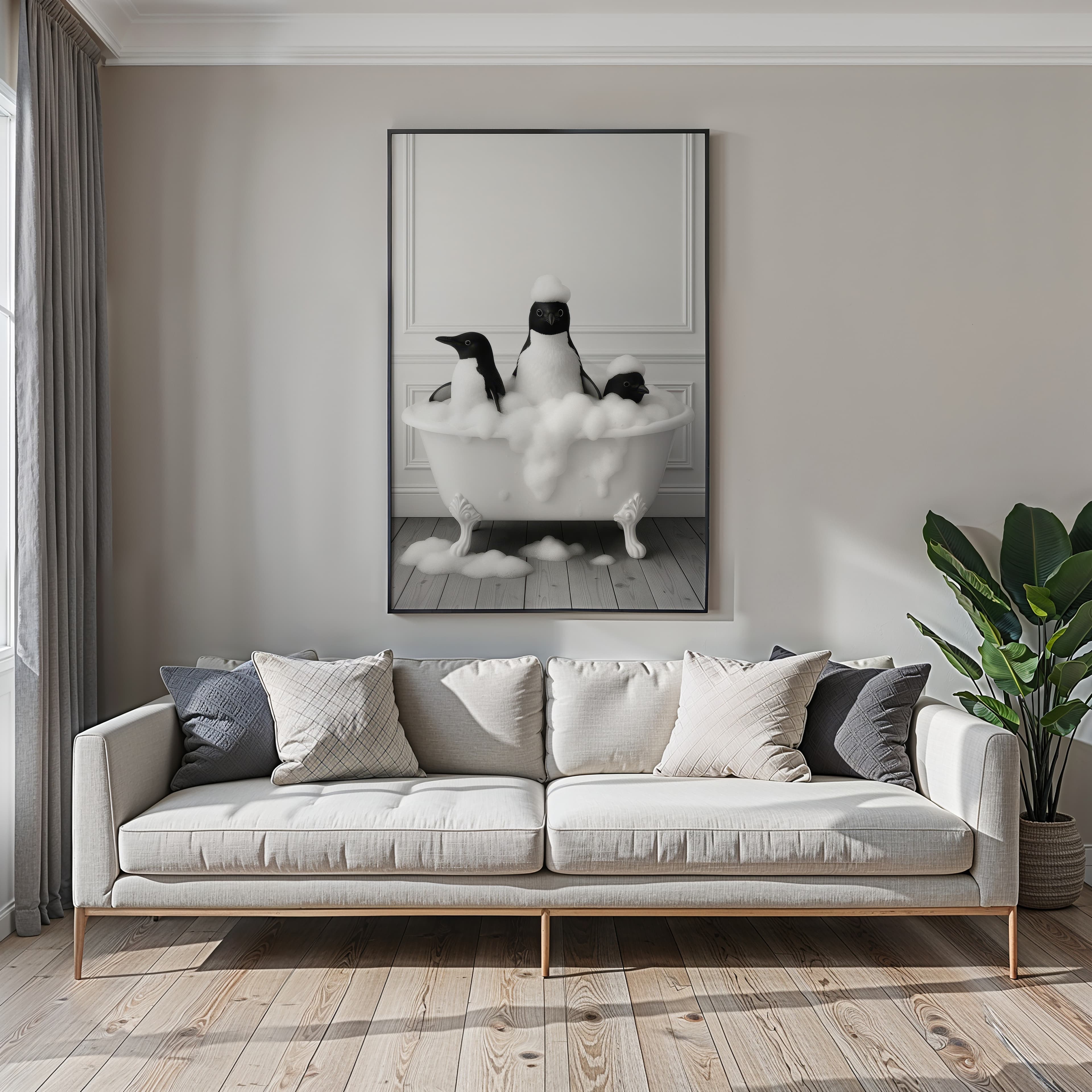 Penguin Family Bathtub Print, Whimsical Bathroom Wall Art, Funny Animal Decor