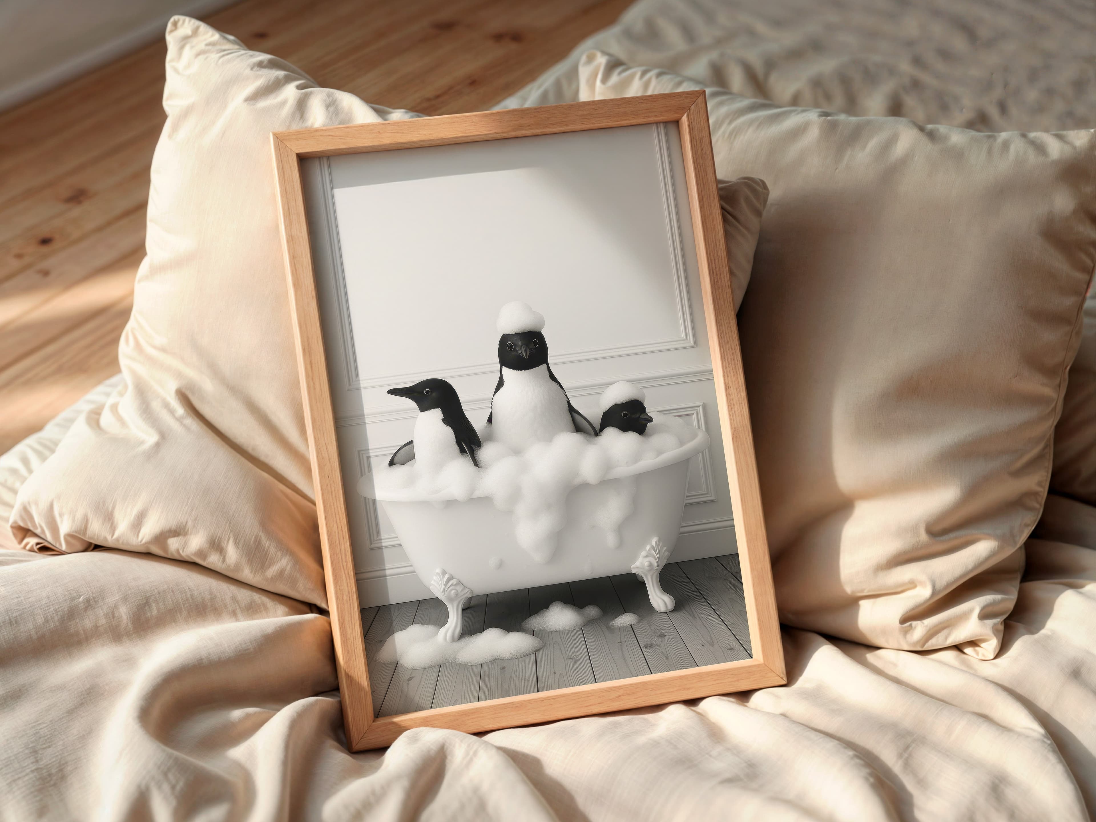 Penguin Family Bathtub Print, Whimsical Bathroom Wall Art, Funny Animal Decor