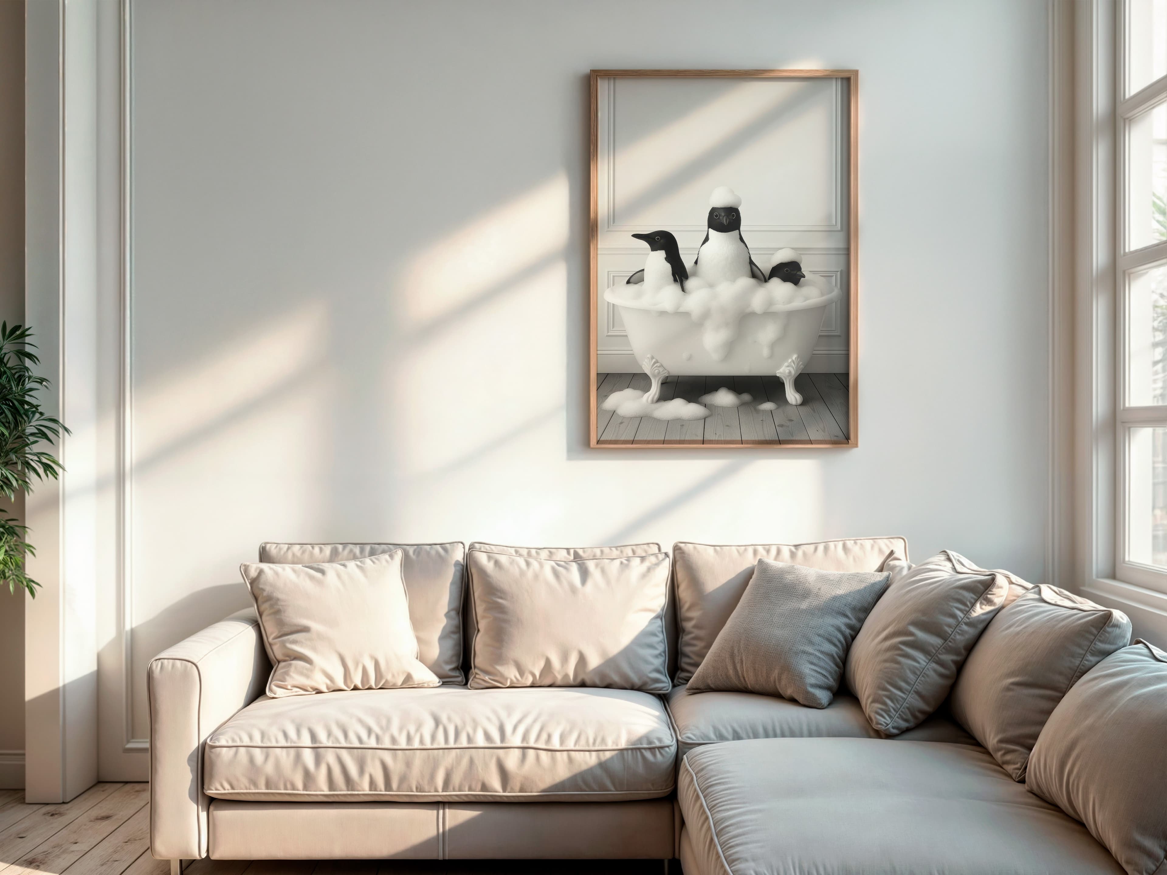 Penguin Family Bathtub Print, Whimsical Bathroom Wall Art, Funny Animal Decor