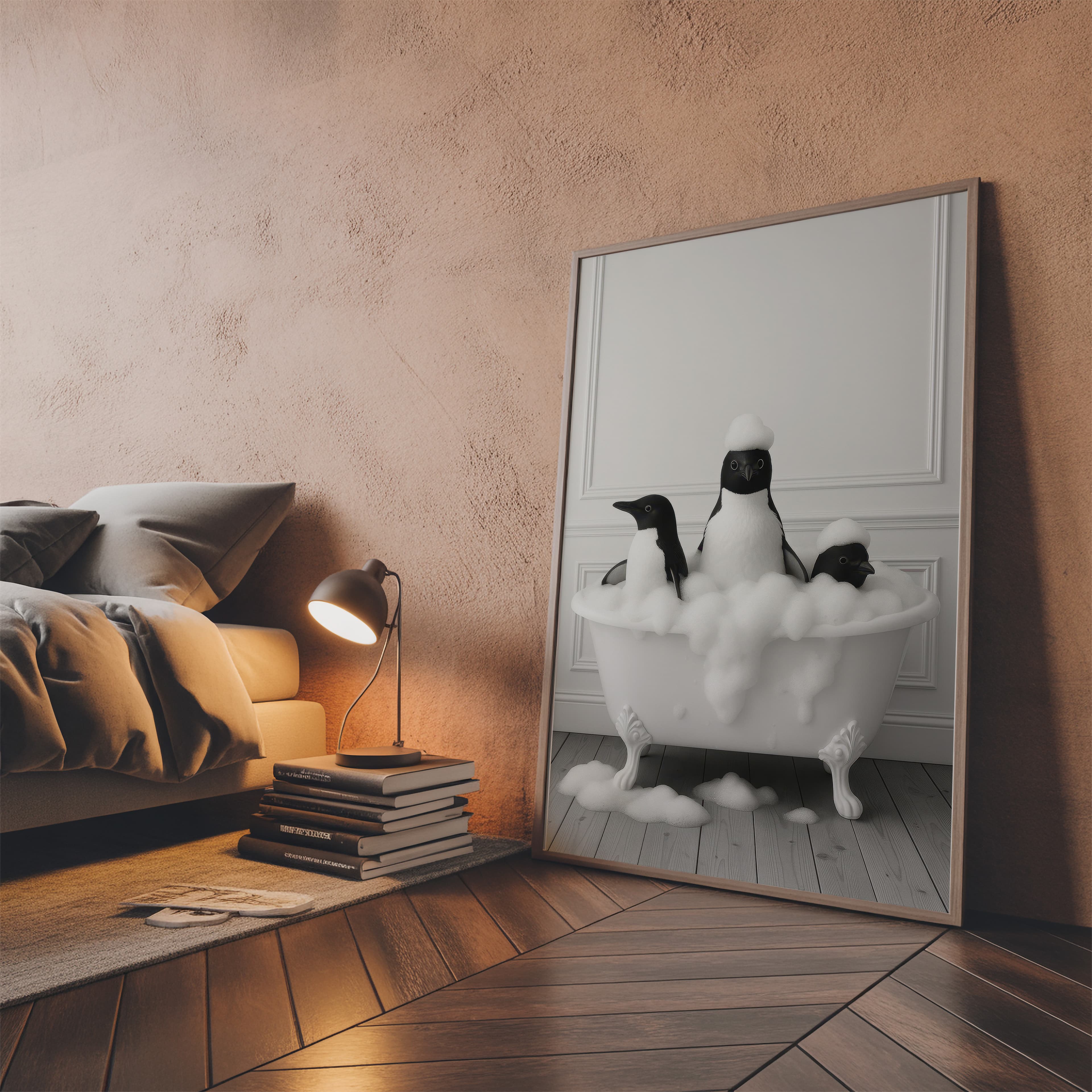 Penguin Family Bathtub Print, Whimsical Bathroom Wall Art, Funny Animal Decor