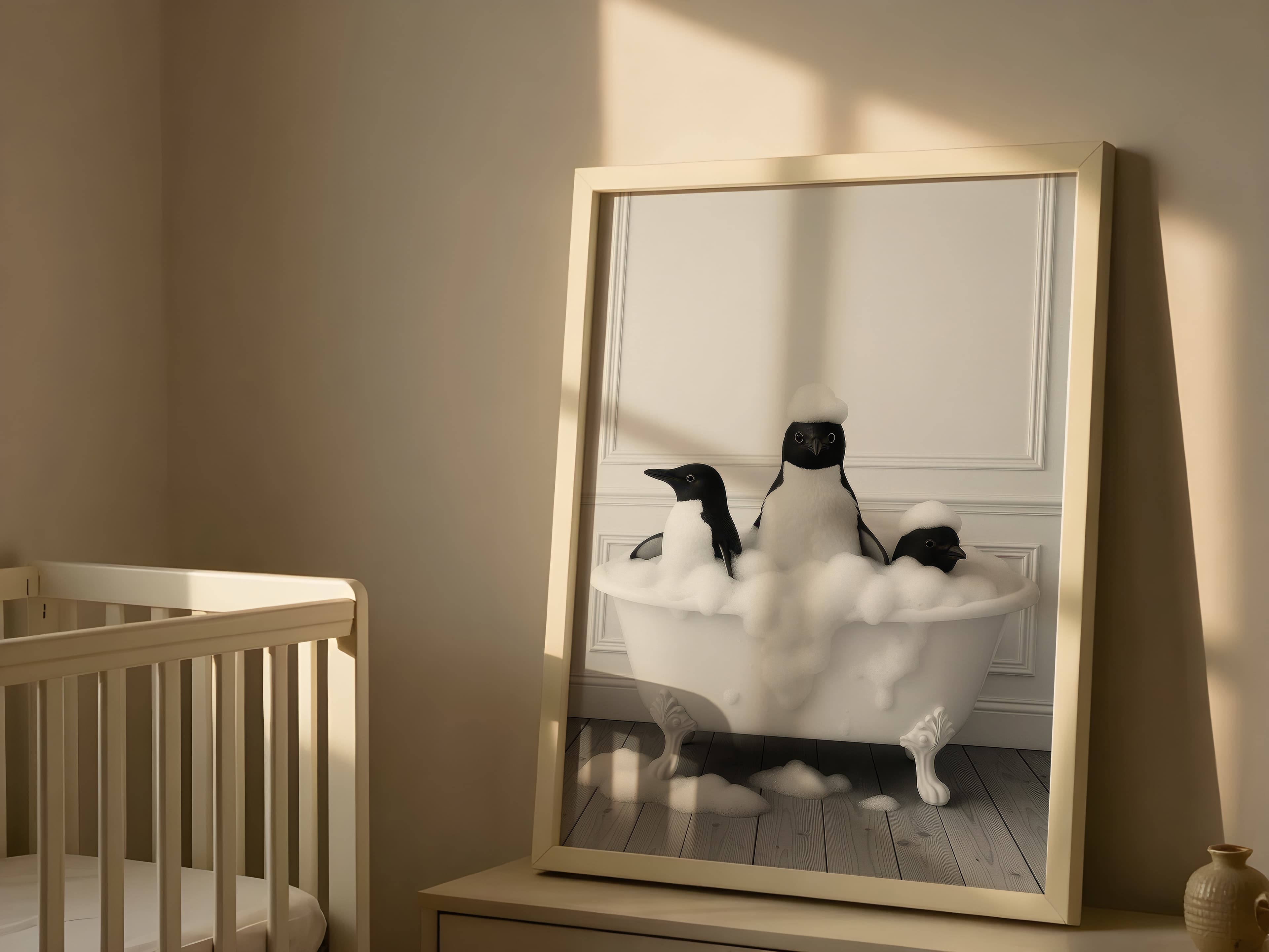 Penguin Family Bathtub Print, Whimsical Bathroom Wall Art, Funny Animal Decor
