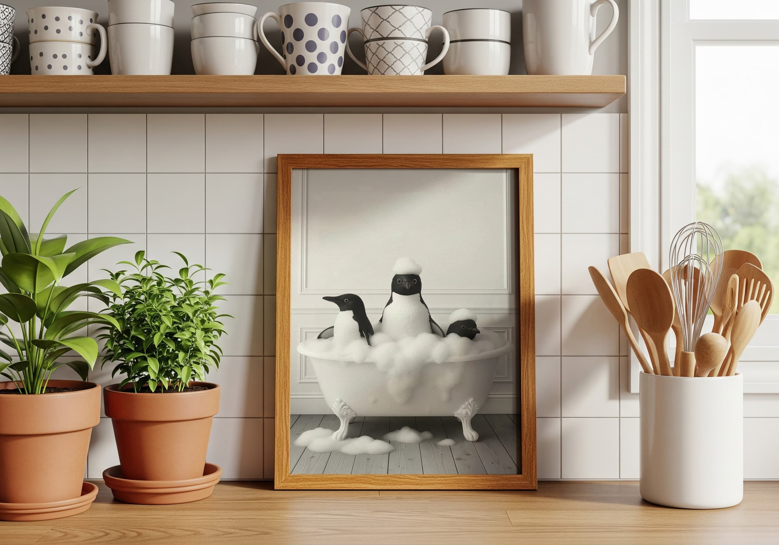 Penguin Family Bathtub Print, Whimsical Bathroom Wall Art, Funny Animal Decor