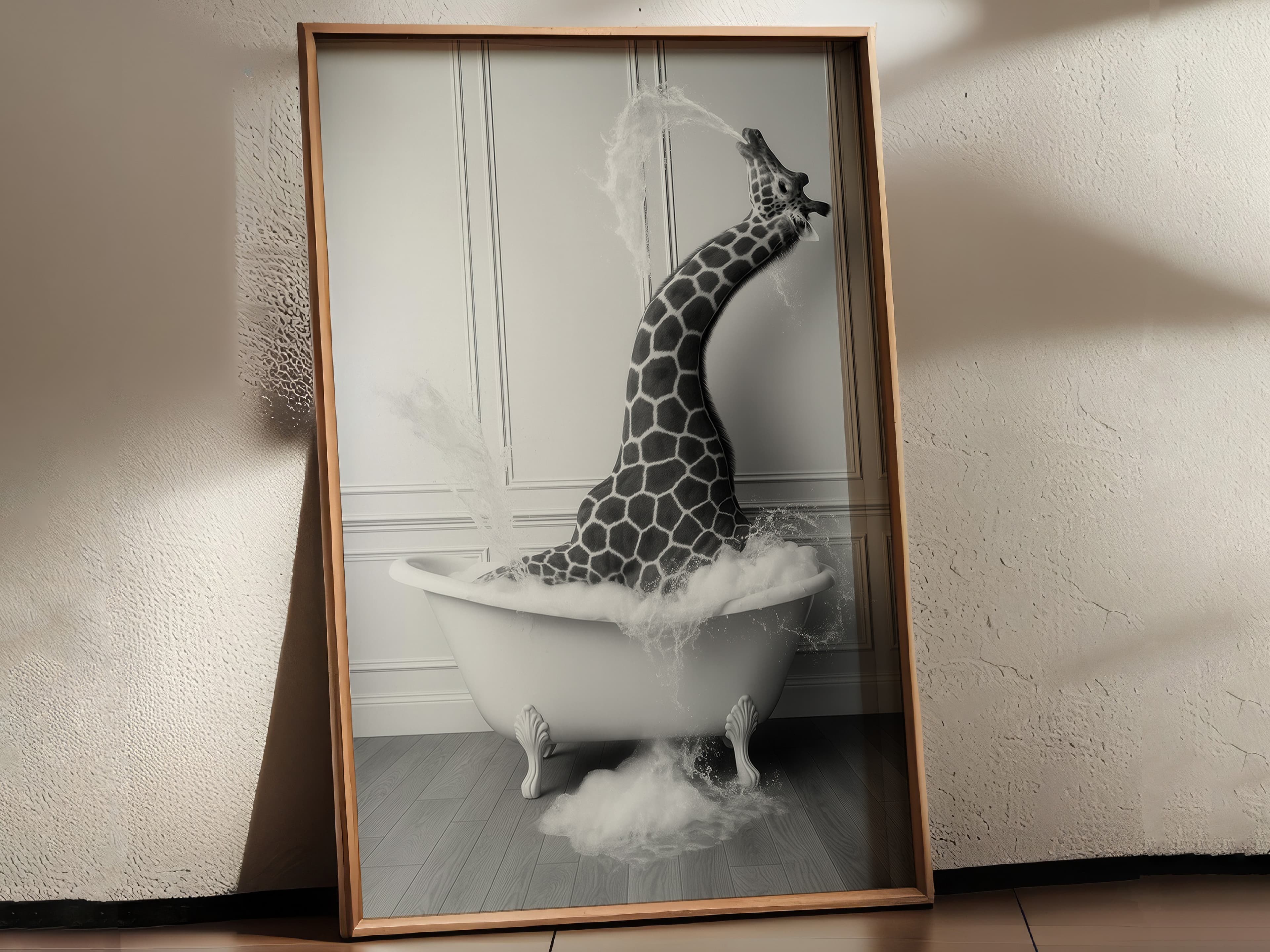 Giraffe in Bathtub Print, Funny Bathroom Wall Art, Safari Animal Humor Poster