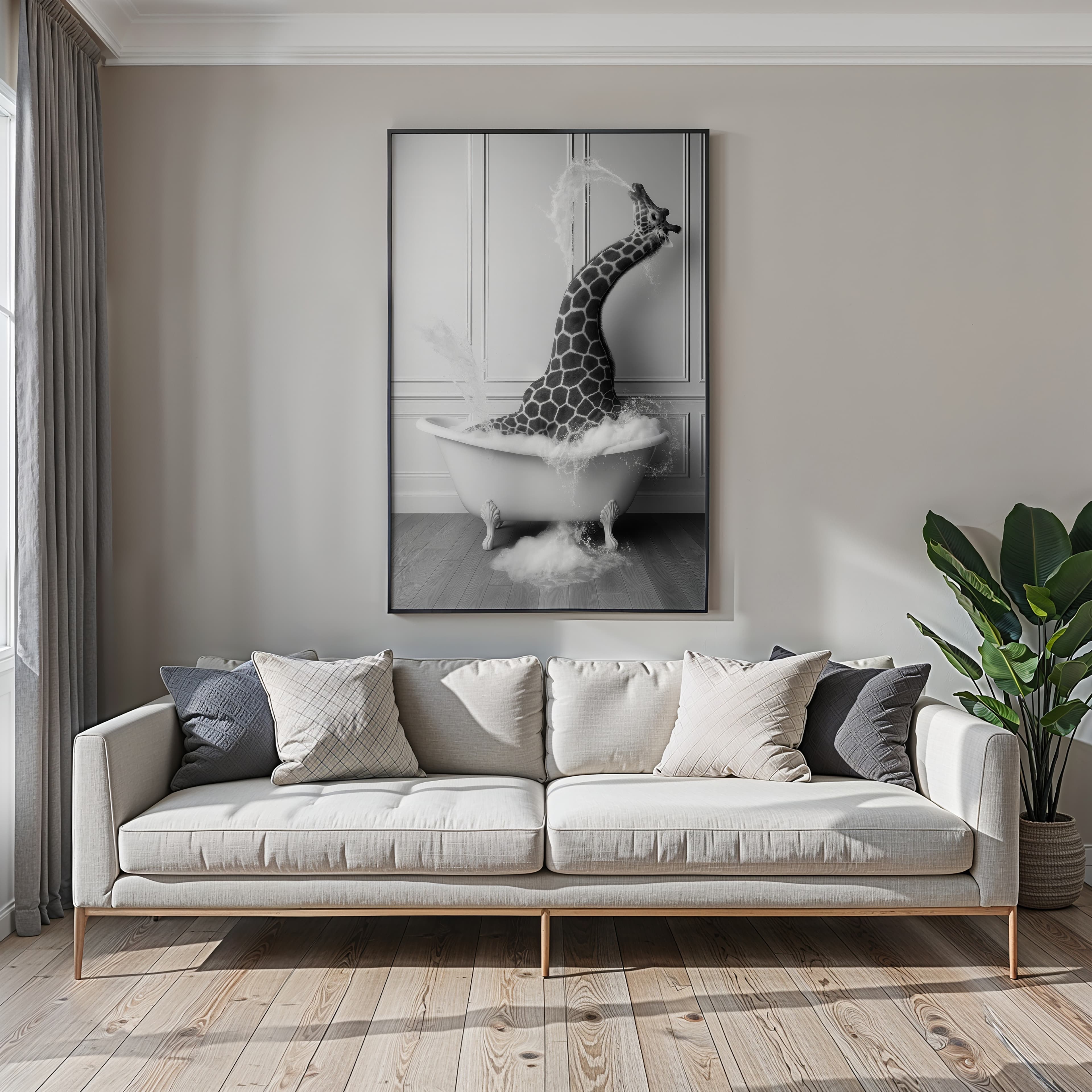 Giraffe in Bathtub Print, Funny Bathroom Wall Art, Safari Animal Humor Poster