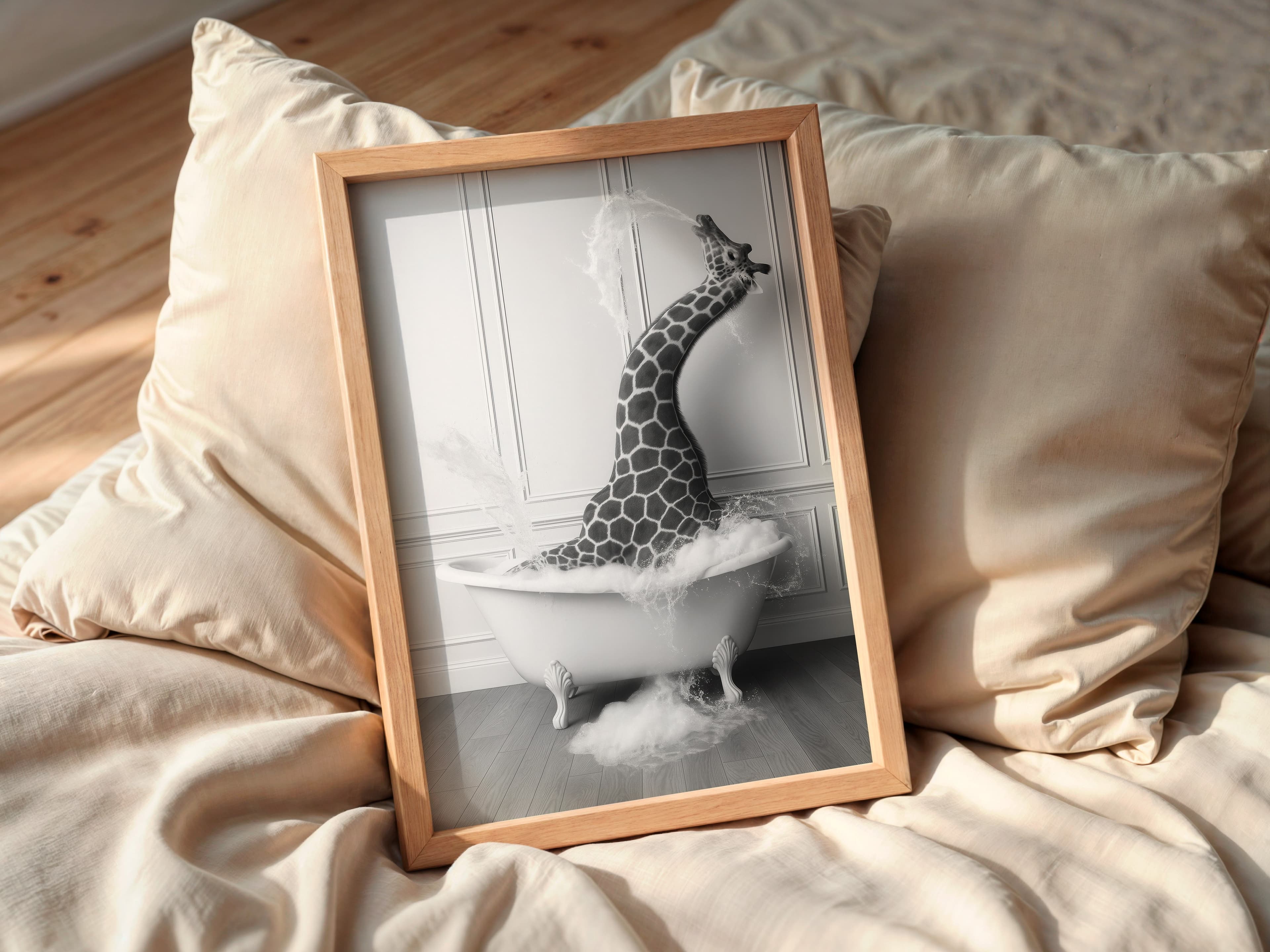 Giraffe in Bathtub Print, Funny Bathroom Wall Art, Safari Animal Humor Poster
