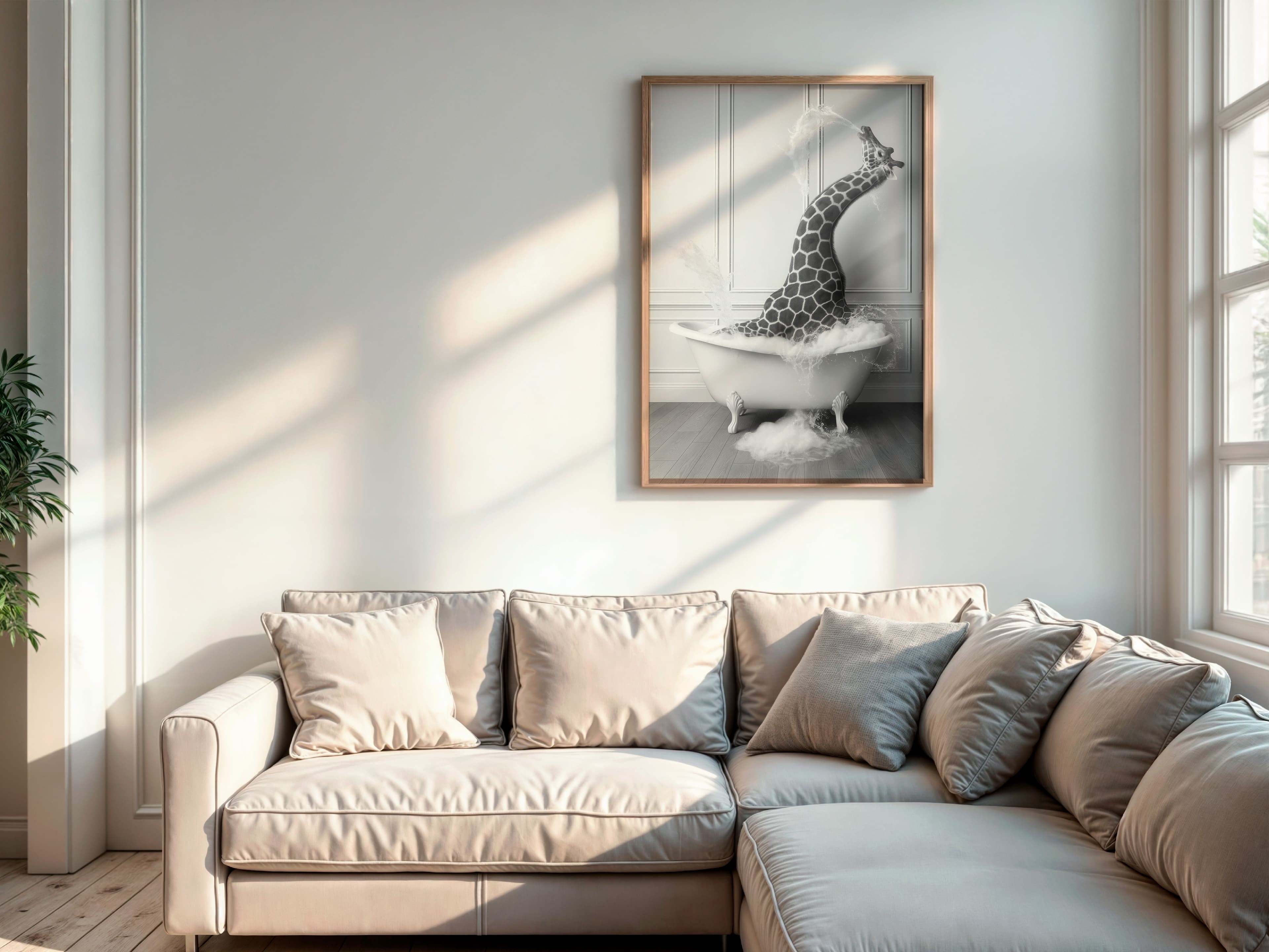 Giraffe in Bathtub Print, Funny Bathroom Wall Art, Safari Animal Humor Poster