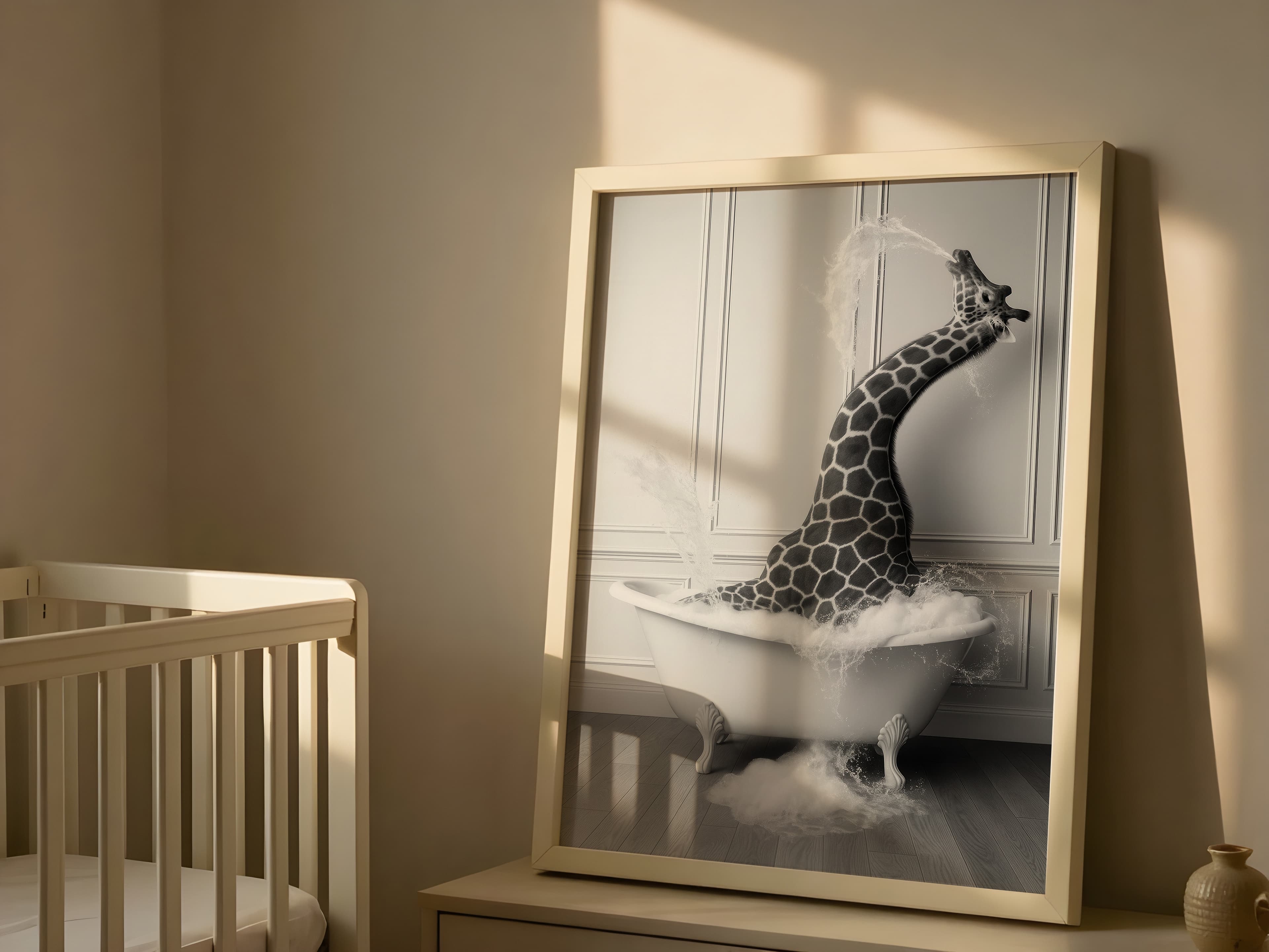 Giraffe in Bathtub Print, Funny Bathroom Wall Art, Safari Animal Humor Poster