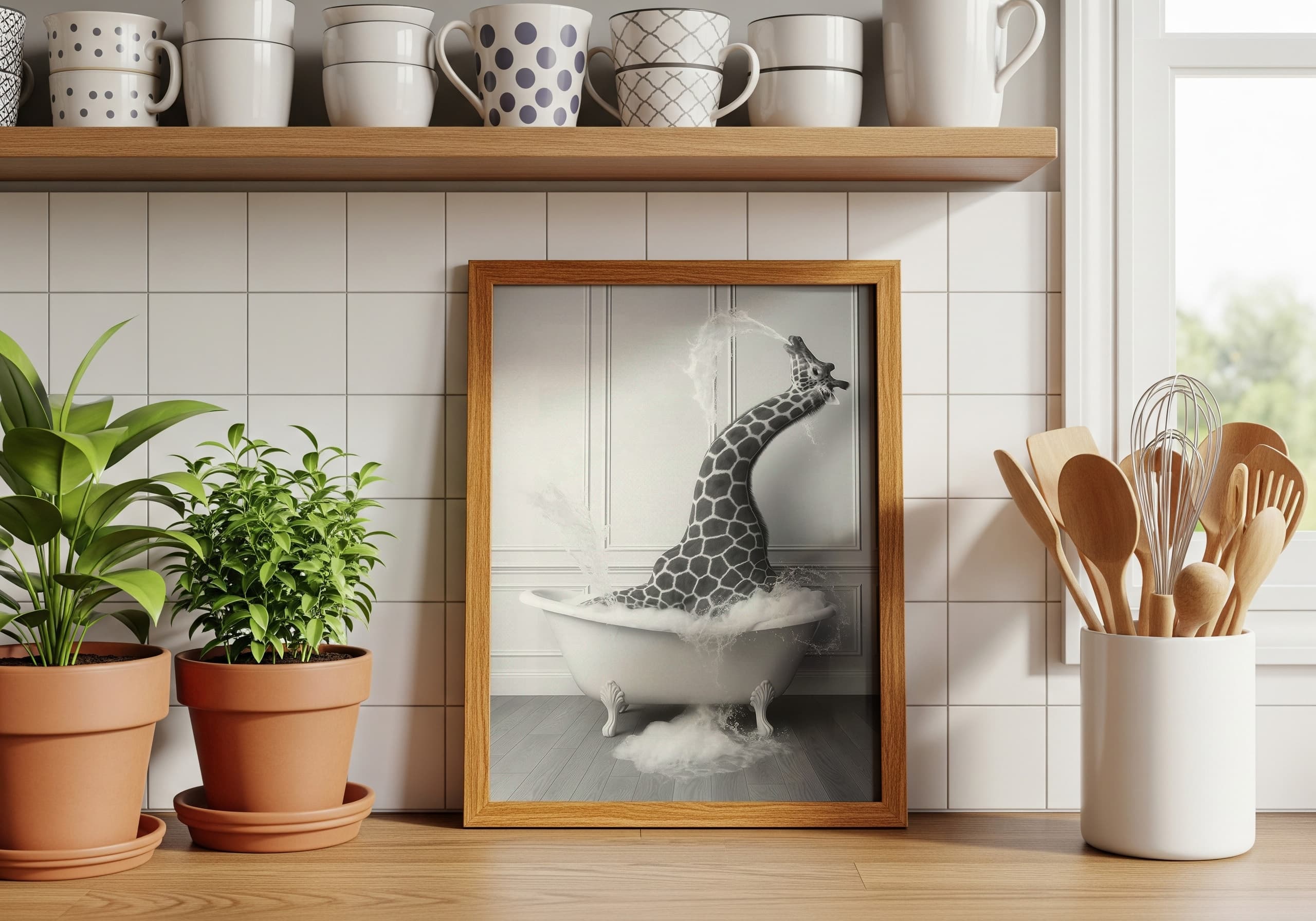Giraffe in Bathtub Print, Funny Bathroom Wall Art, Safari Animal Humor Poster