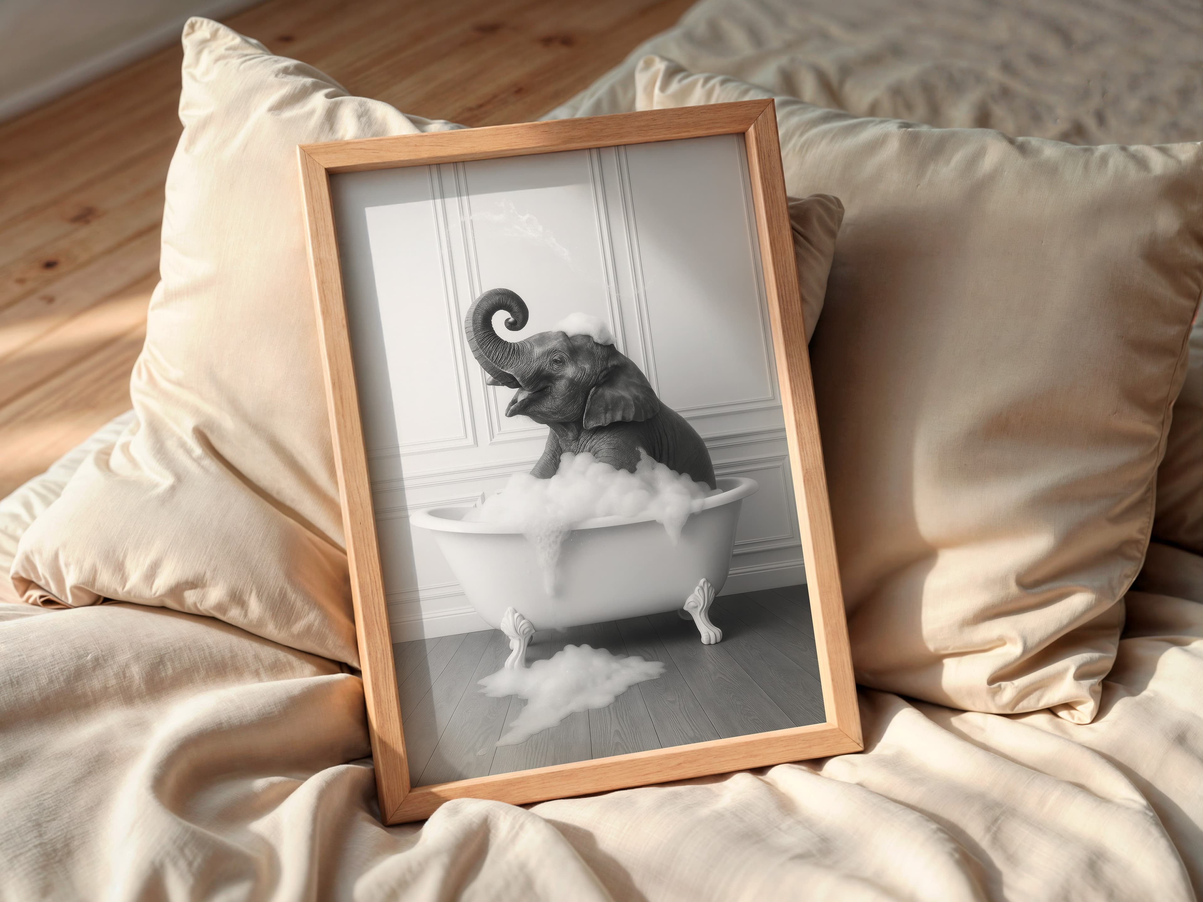 Baby Elephant in Bathtub Print, Nursery Bathroom Wall Art, Playful Animal Decor
