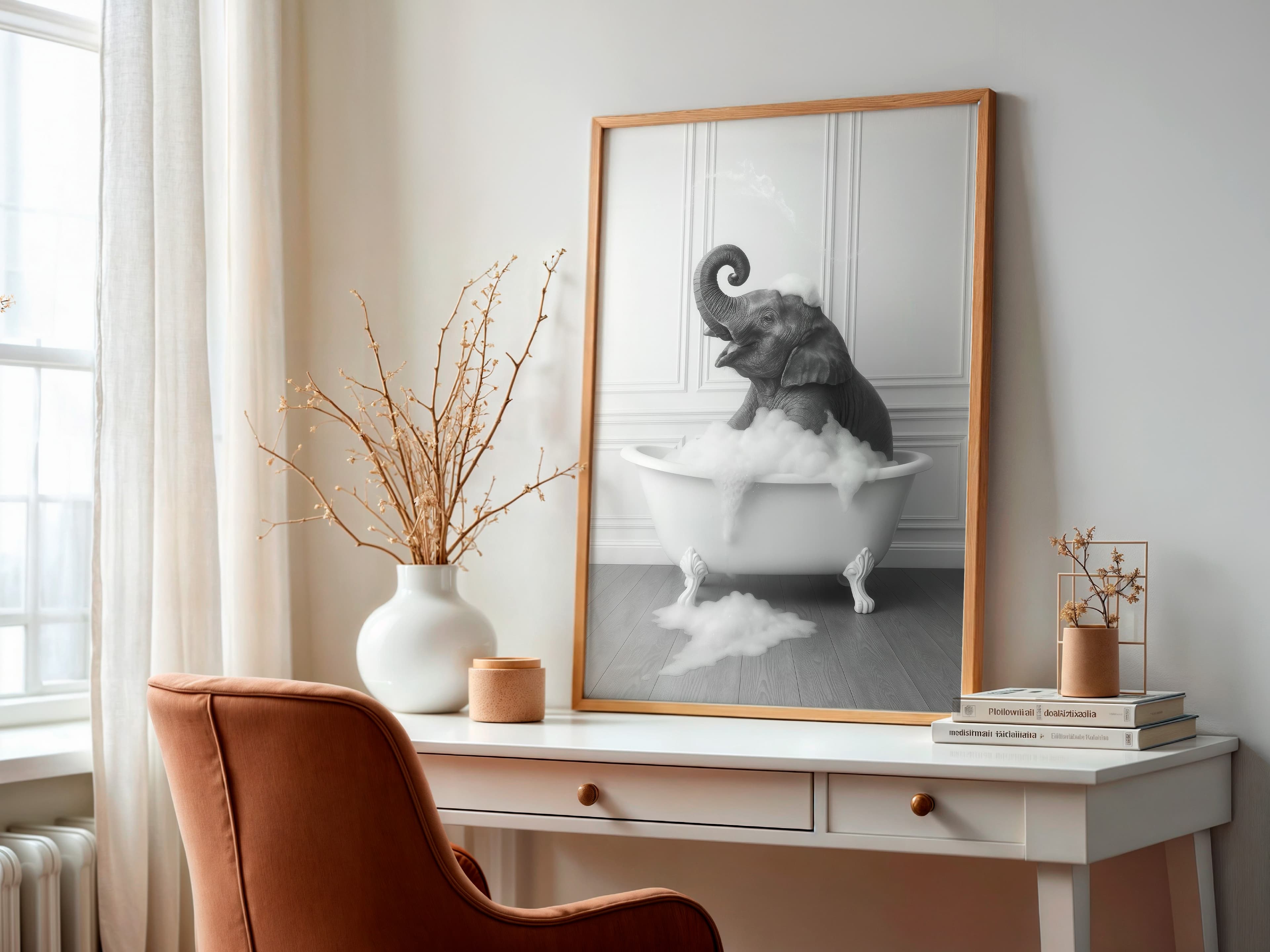 Baby Elephant in Bathtub Print, Nursery Bathroom Wall Art, Playful Animal Decor