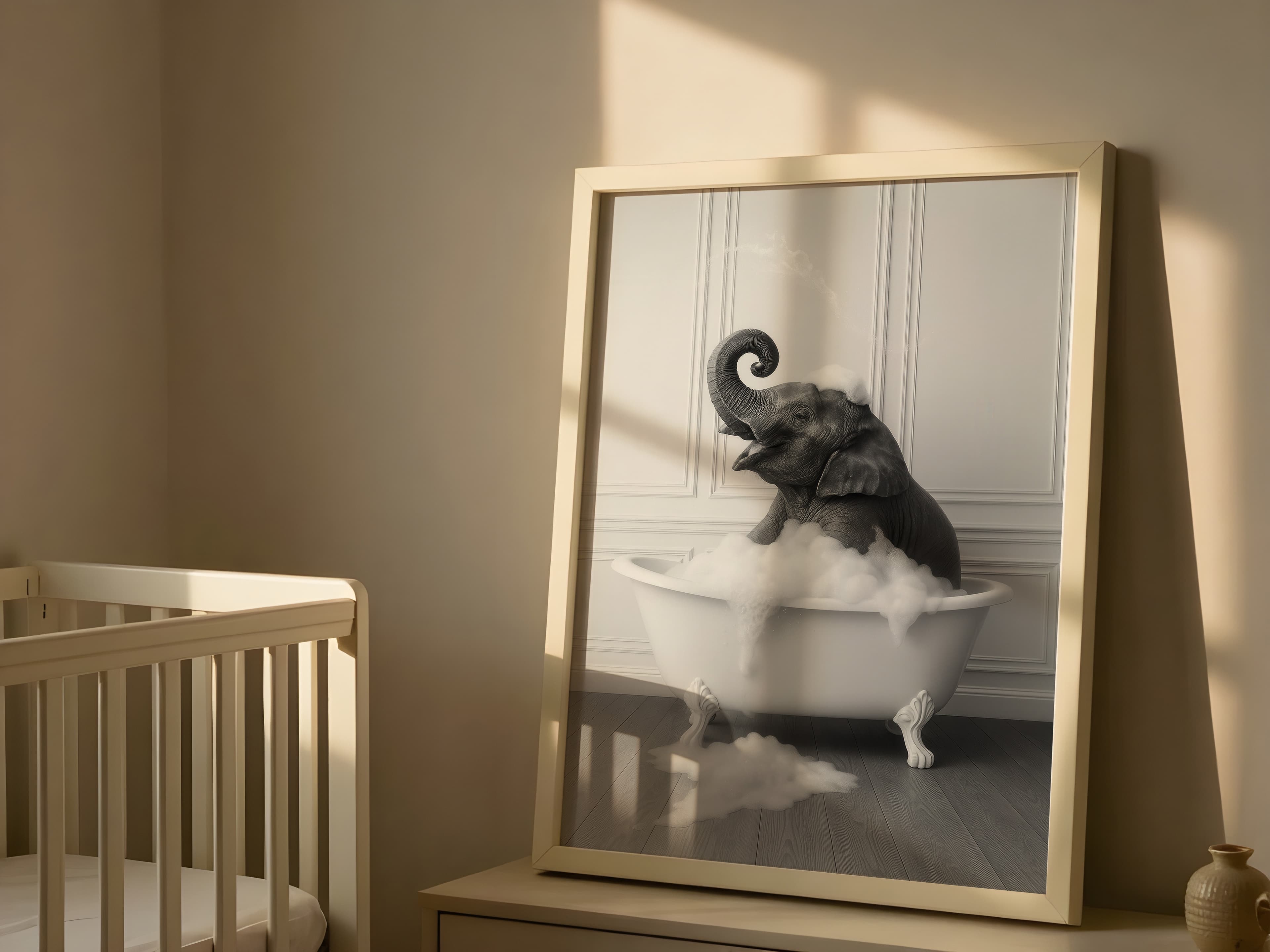 Baby Elephant in Bathtub Print, Nursery Bathroom Wall Art, Playful Animal Decor