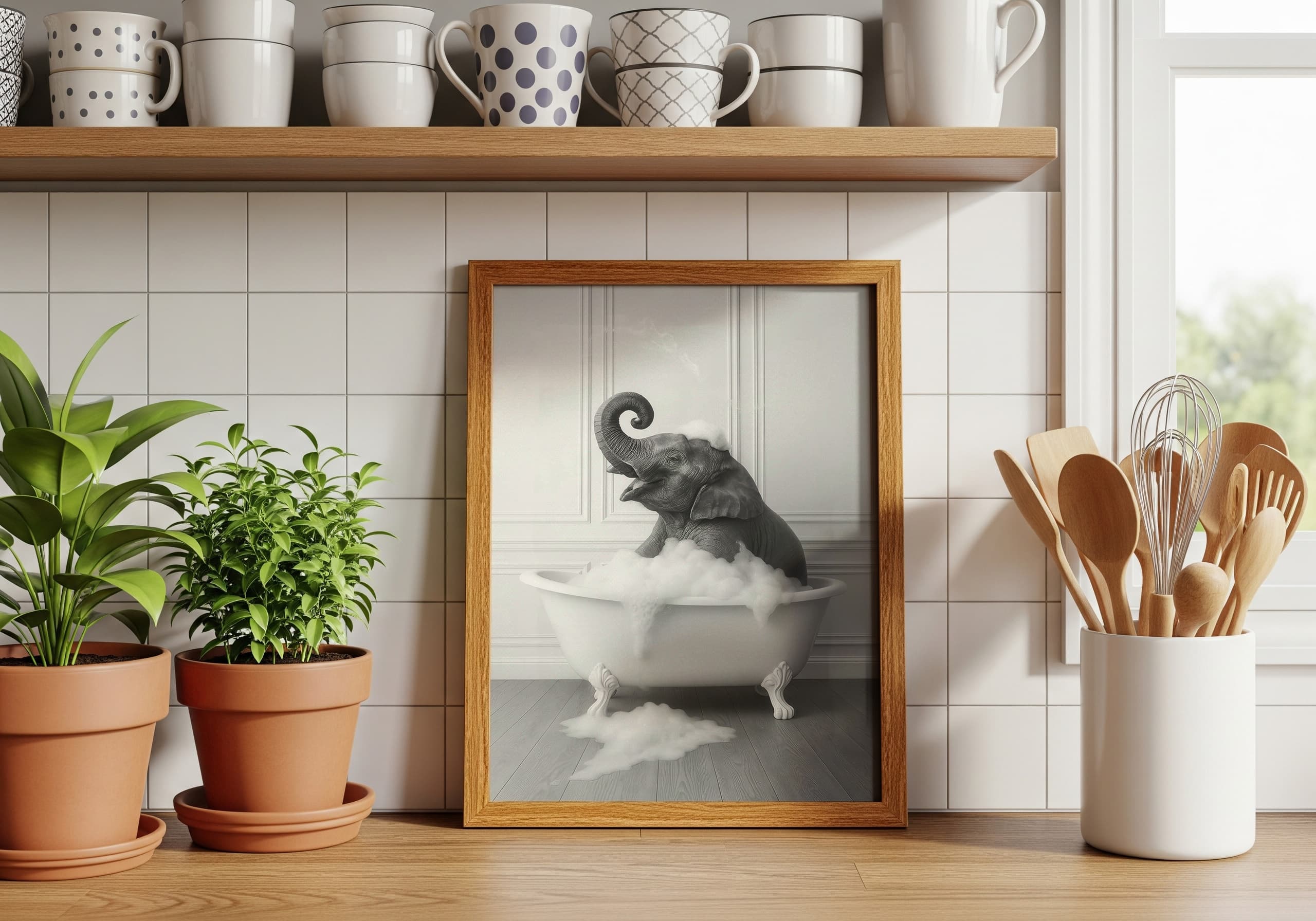 Baby Elephant in Bathtub Print, Nursery Bathroom Wall Art, Playful Animal Decor