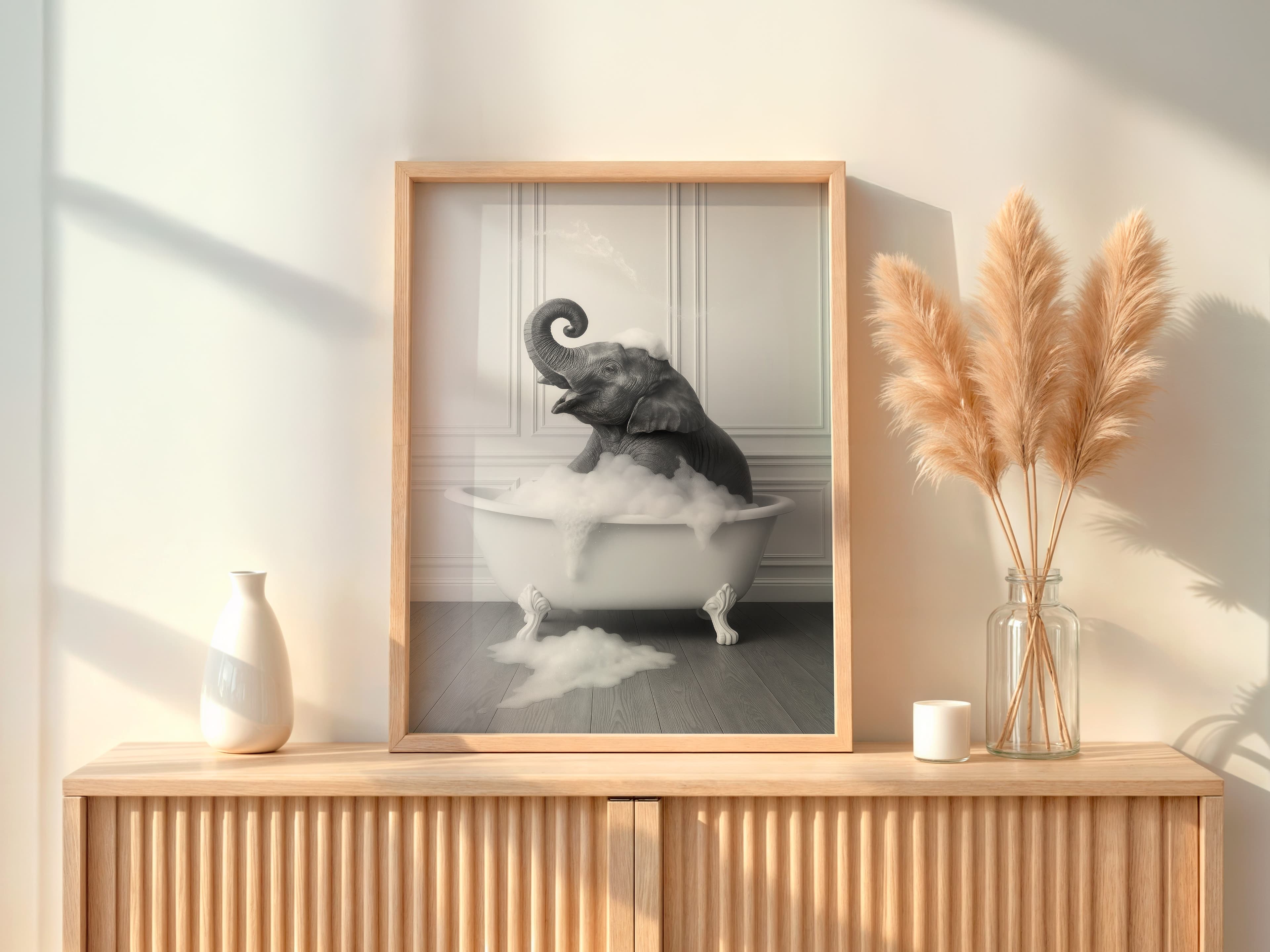 Baby Elephant in Bathtub Print, Nursery Bathroom Wall Art, Playful Animal Decor