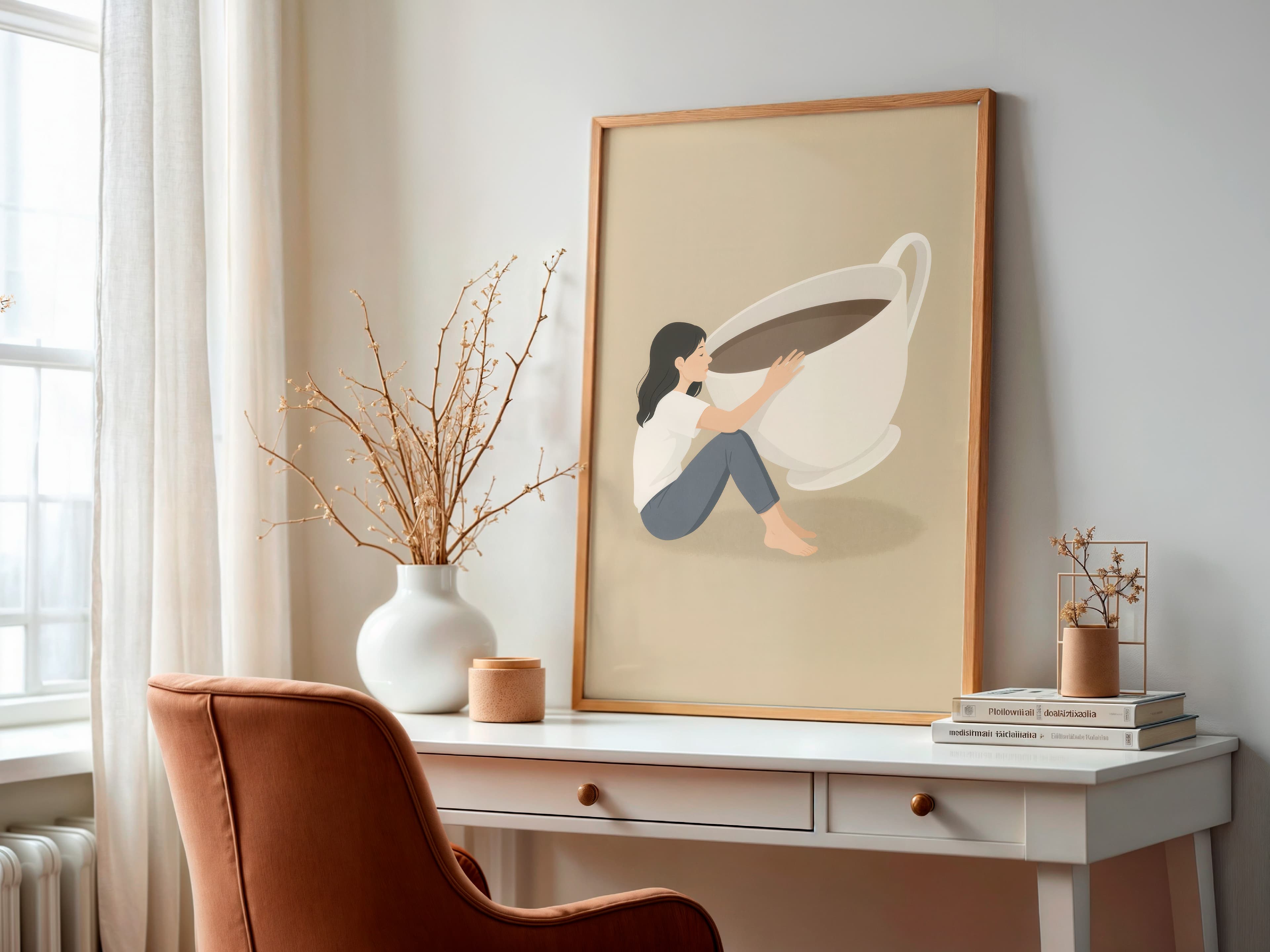Coffee Cup Zen Print, Wabi Sabi Coffee Art, Minimalist Kitchen Decor