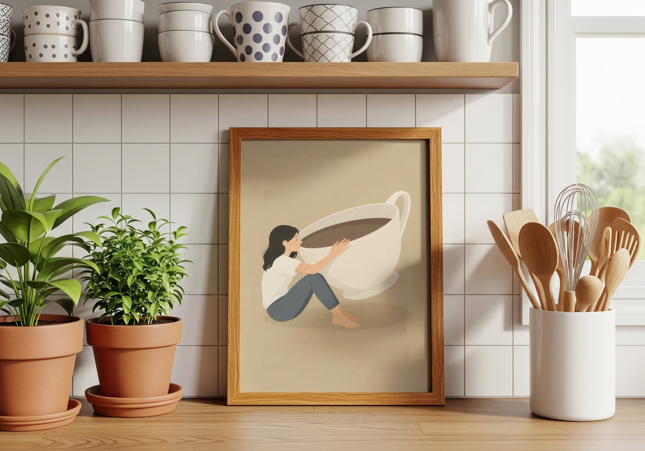 Coffee Cup Zen Print, Wabi Sabi Coffee Art, Minimalist Kitchen Decor