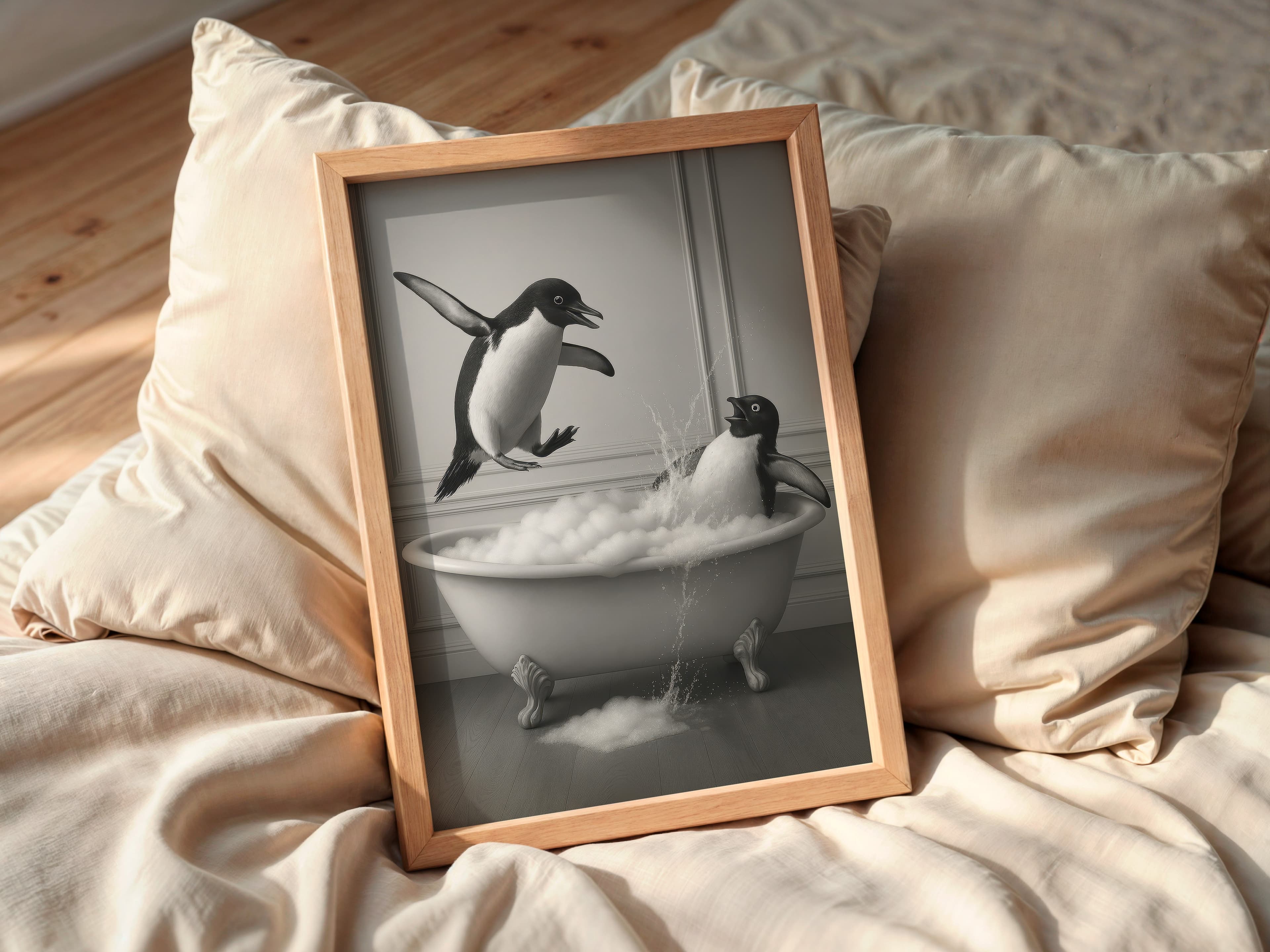 Penguin Bathtub Print, Funny Bathroom Wall Art, Quirky Animal Humor Poster
