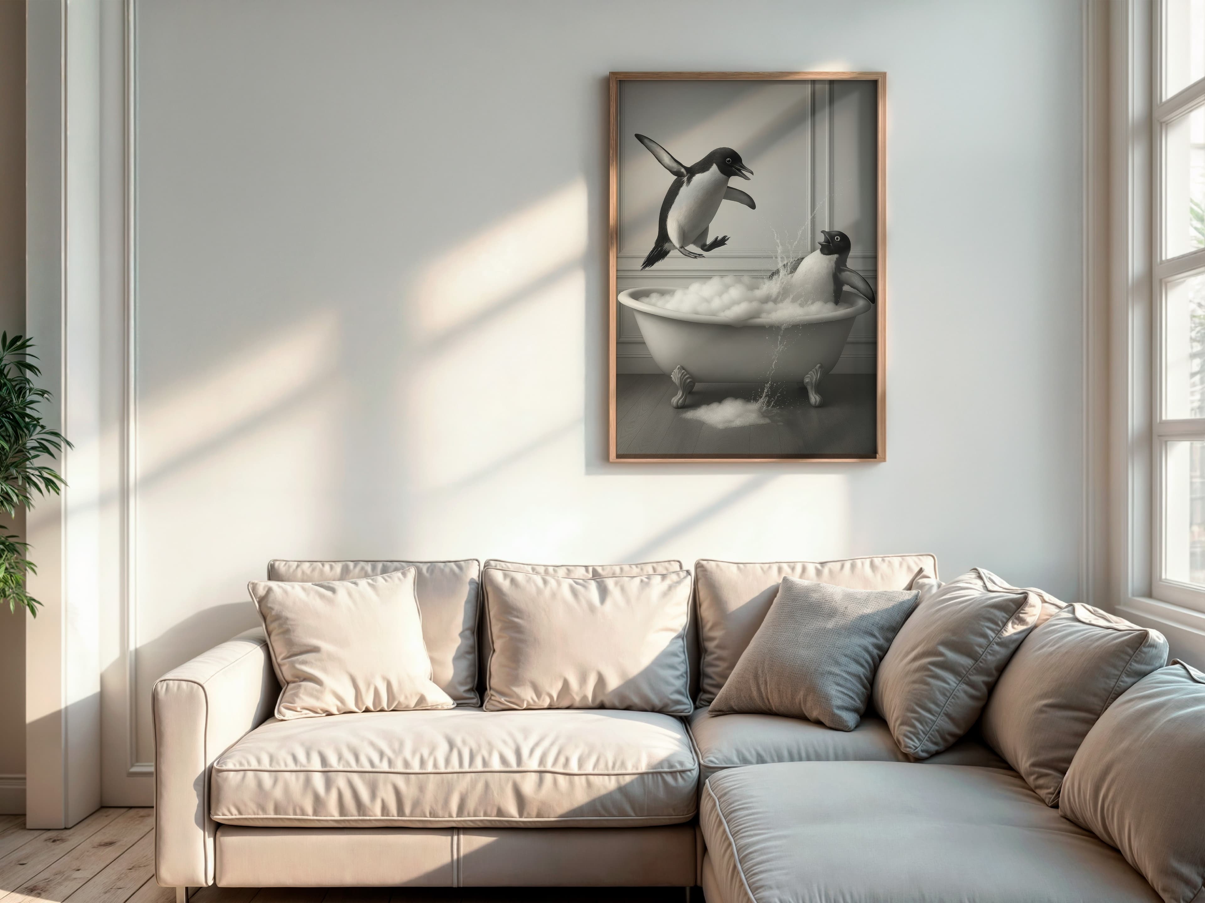 Penguin Bathtub Print, Funny Bathroom Wall Art, Quirky Animal Humor Poster