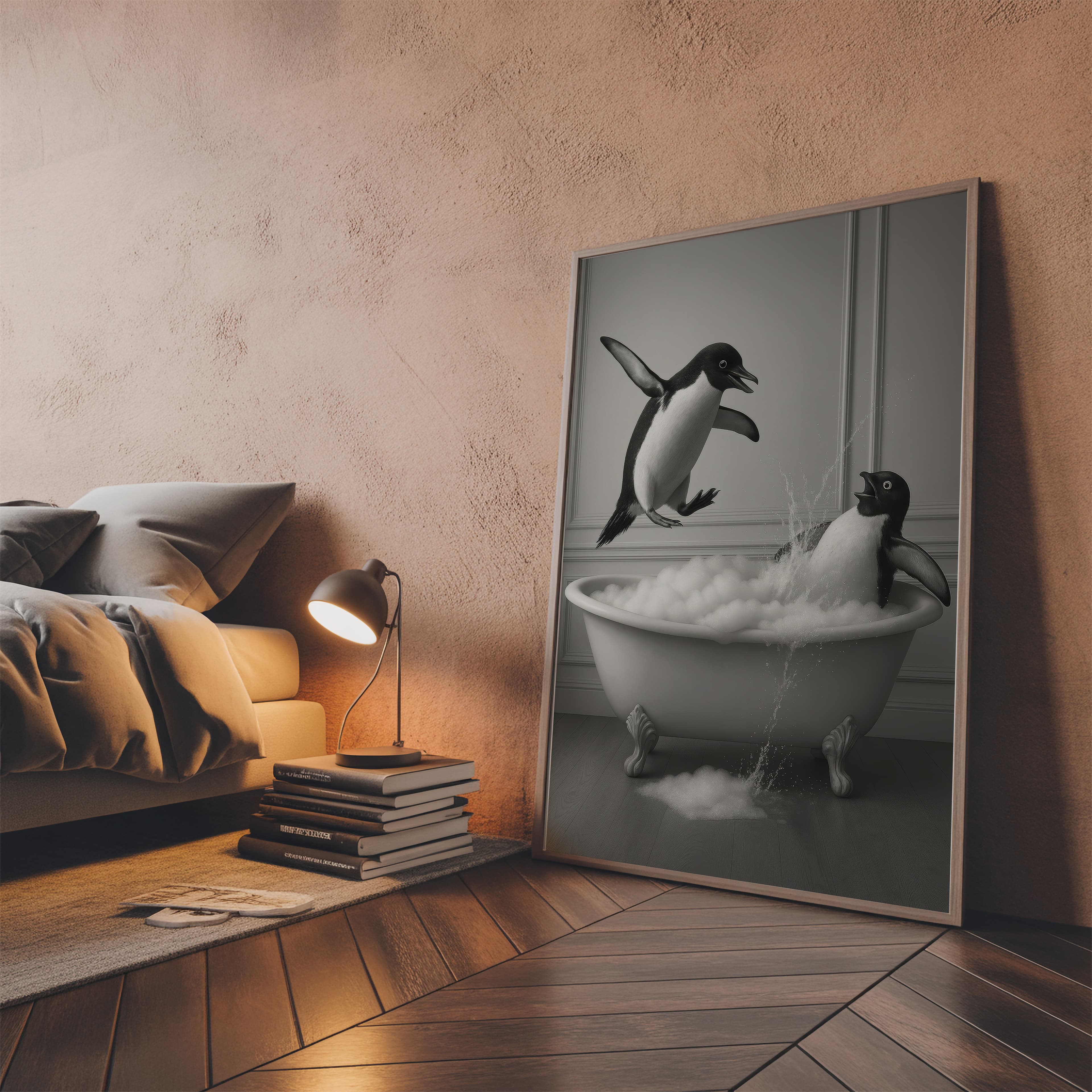 Penguin Bathtub Print, Funny Bathroom Wall Art, Quirky Animal Humor Poster