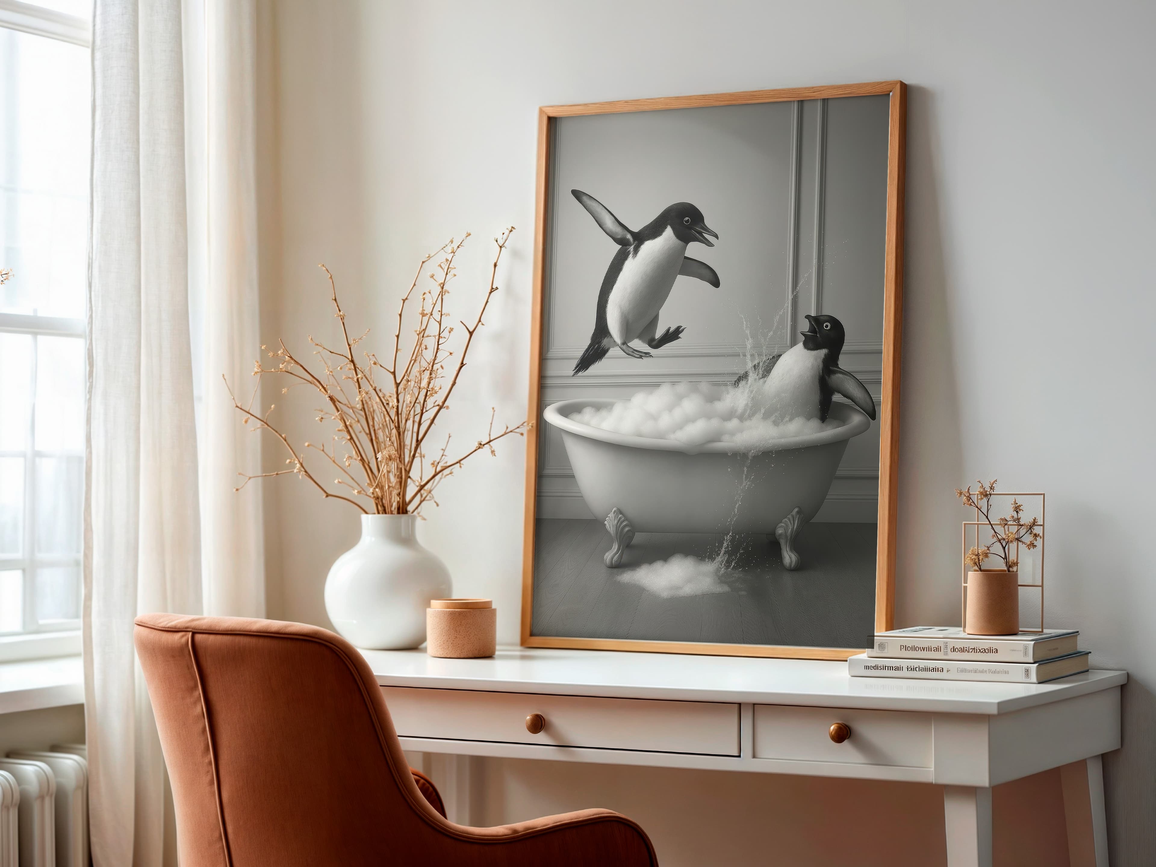 Penguin Bathtub Print, Funny Bathroom Wall Art, Quirky Animal Humor Poster
