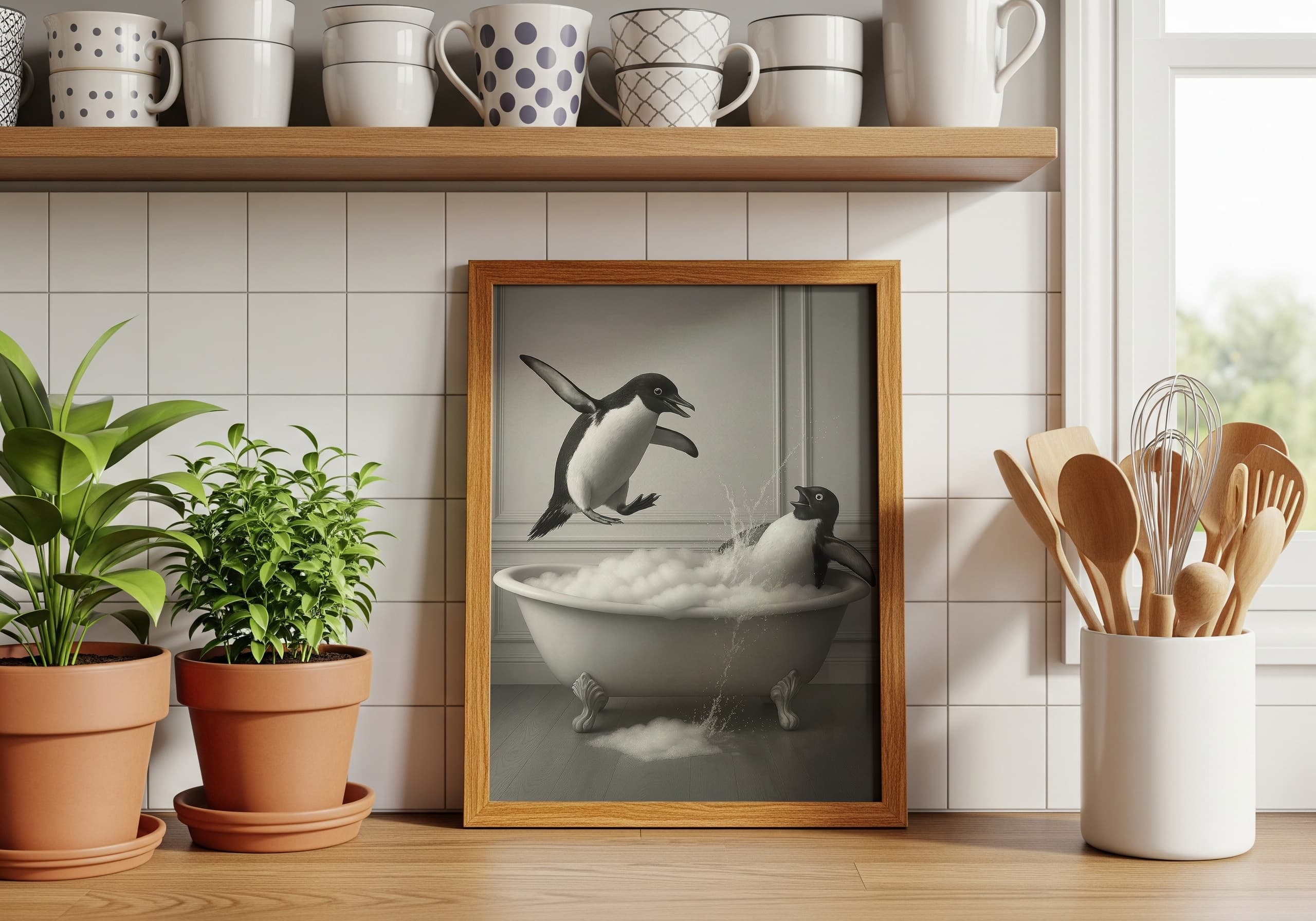 Penguin Bathtub Print, Funny Bathroom Wall Art, Quirky Animal Humor Poster