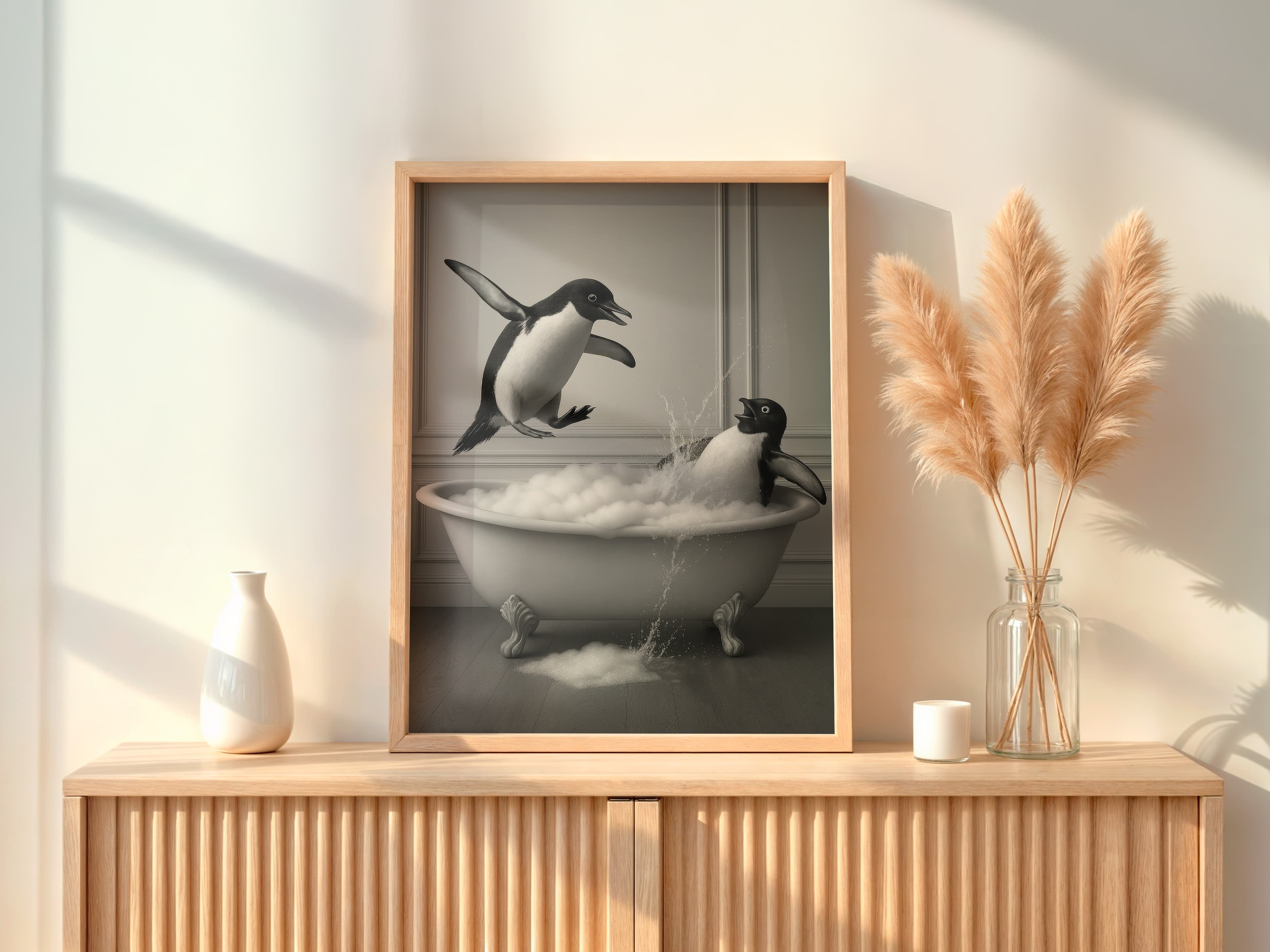 Penguin Bathtub Print, Funny Bathroom Wall Art, Quirky Animal Humor Poster