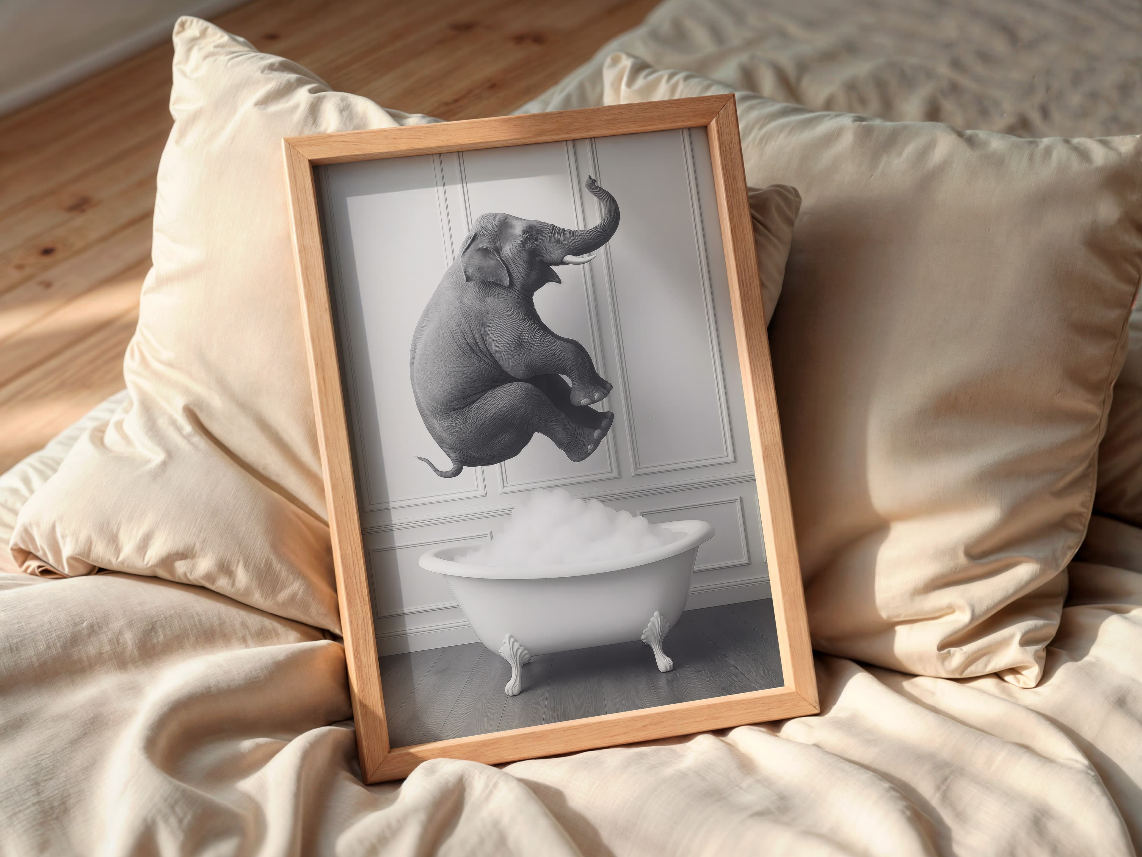 Elephant in Bathtub Print, Funny Bathroom Wall Art, Whimsical Powder Room Poster