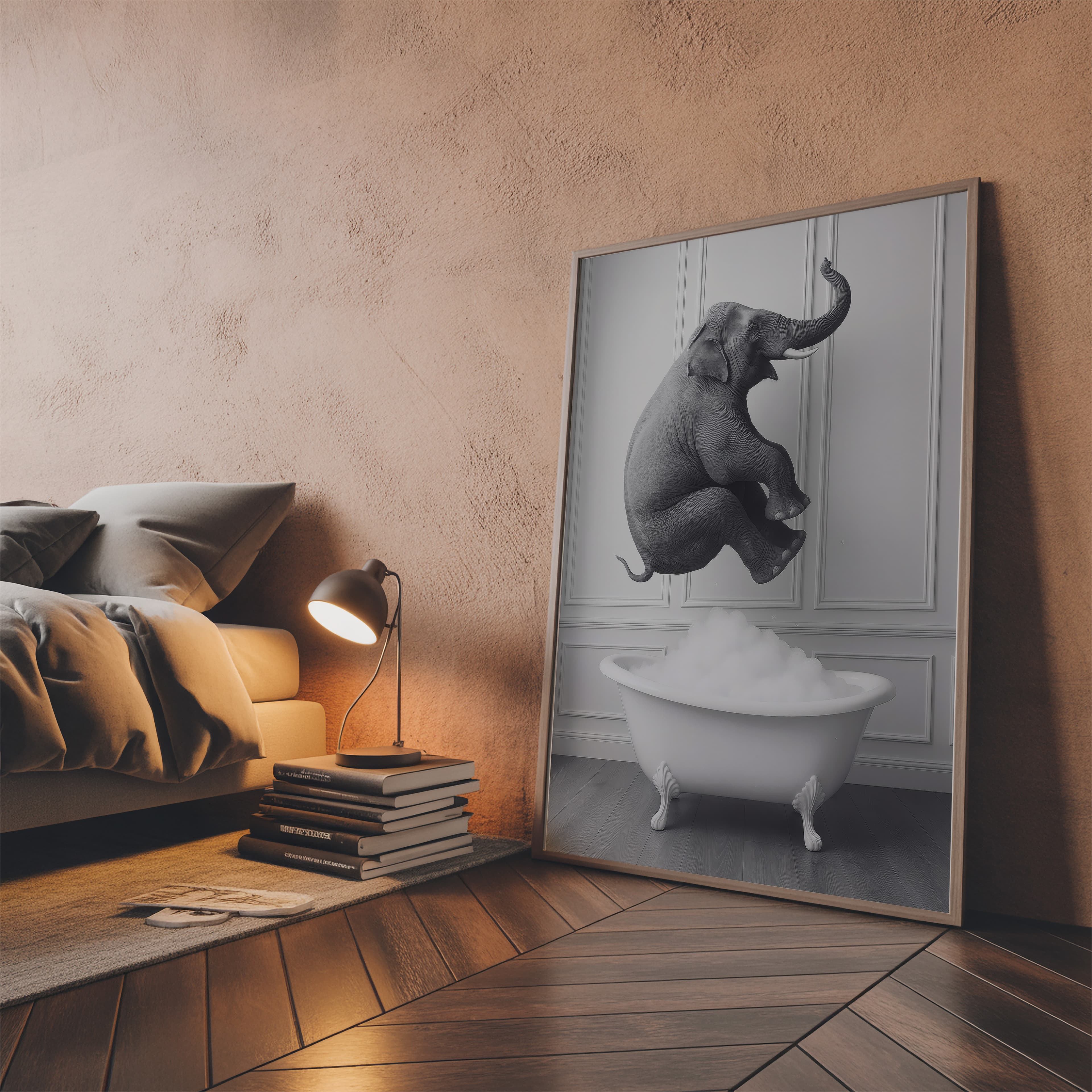 Elephant in Bathtub Print, Funny Bathroom Wall Art, Whimsical Powder Room Poster