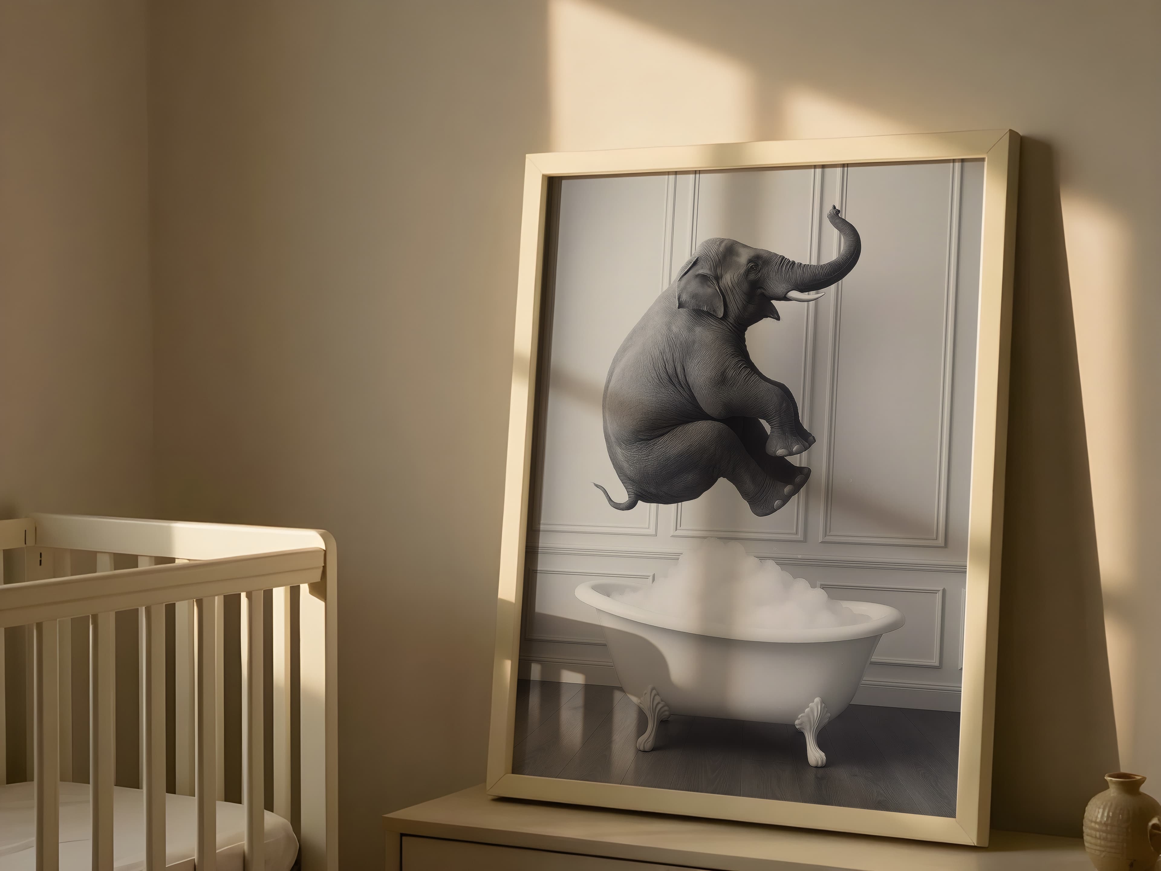 Elephant in Bathtub Print, Funny Bathroom Wall Art, Whimsical Powder Room Poster