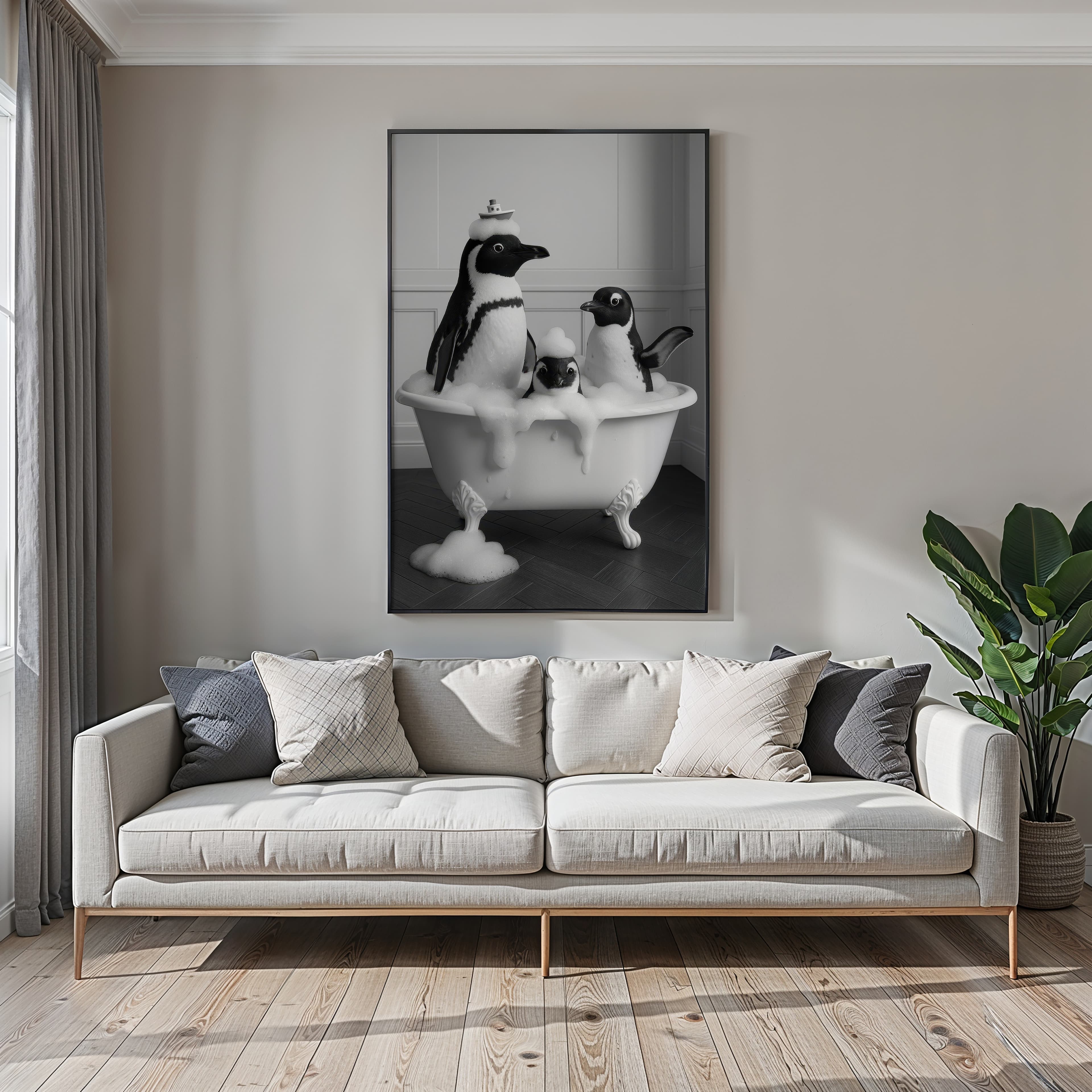 Penguin Family Bathtub Print, Funny Bathroom Wall Art, Kids Bath Decor