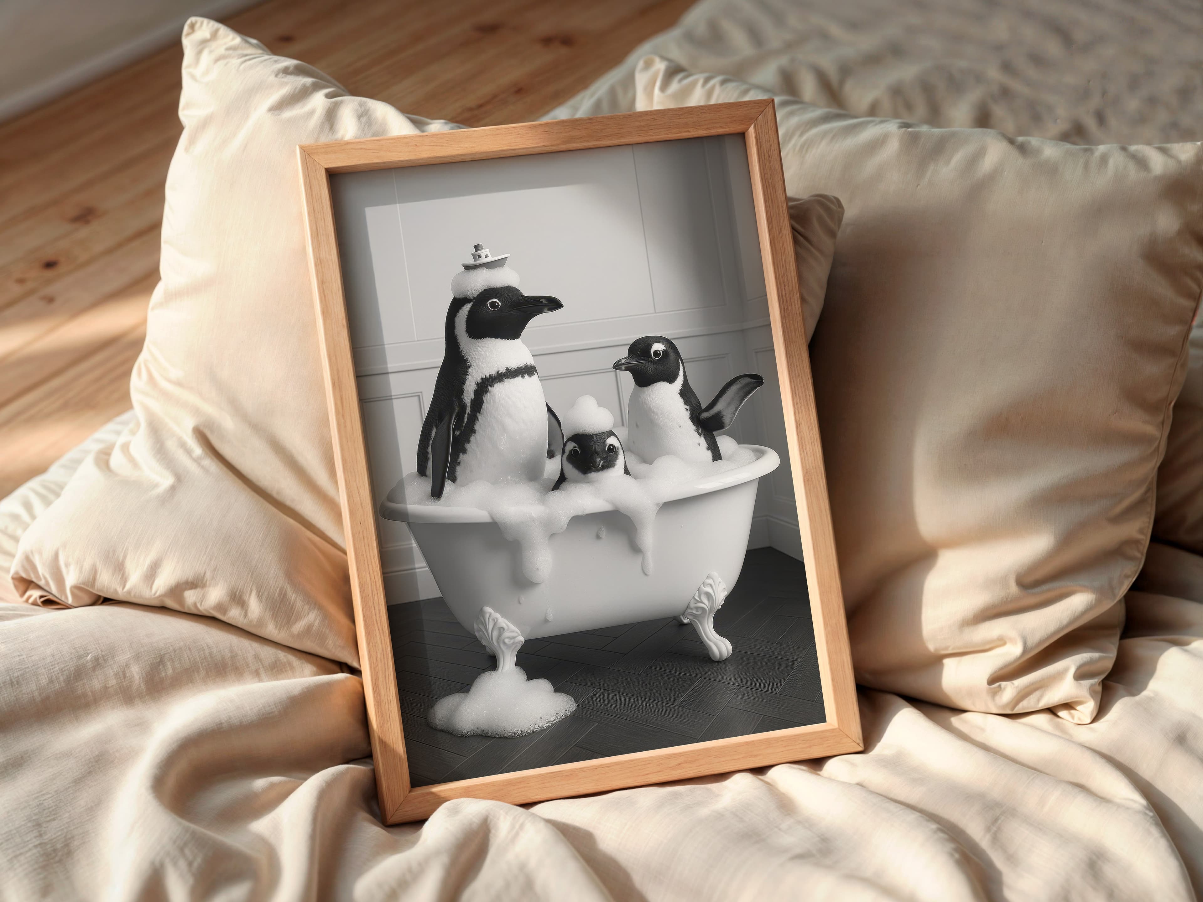 Penguin Family Bathtub Print, Funny Bathroom Wall Art, Kids Bath Decor