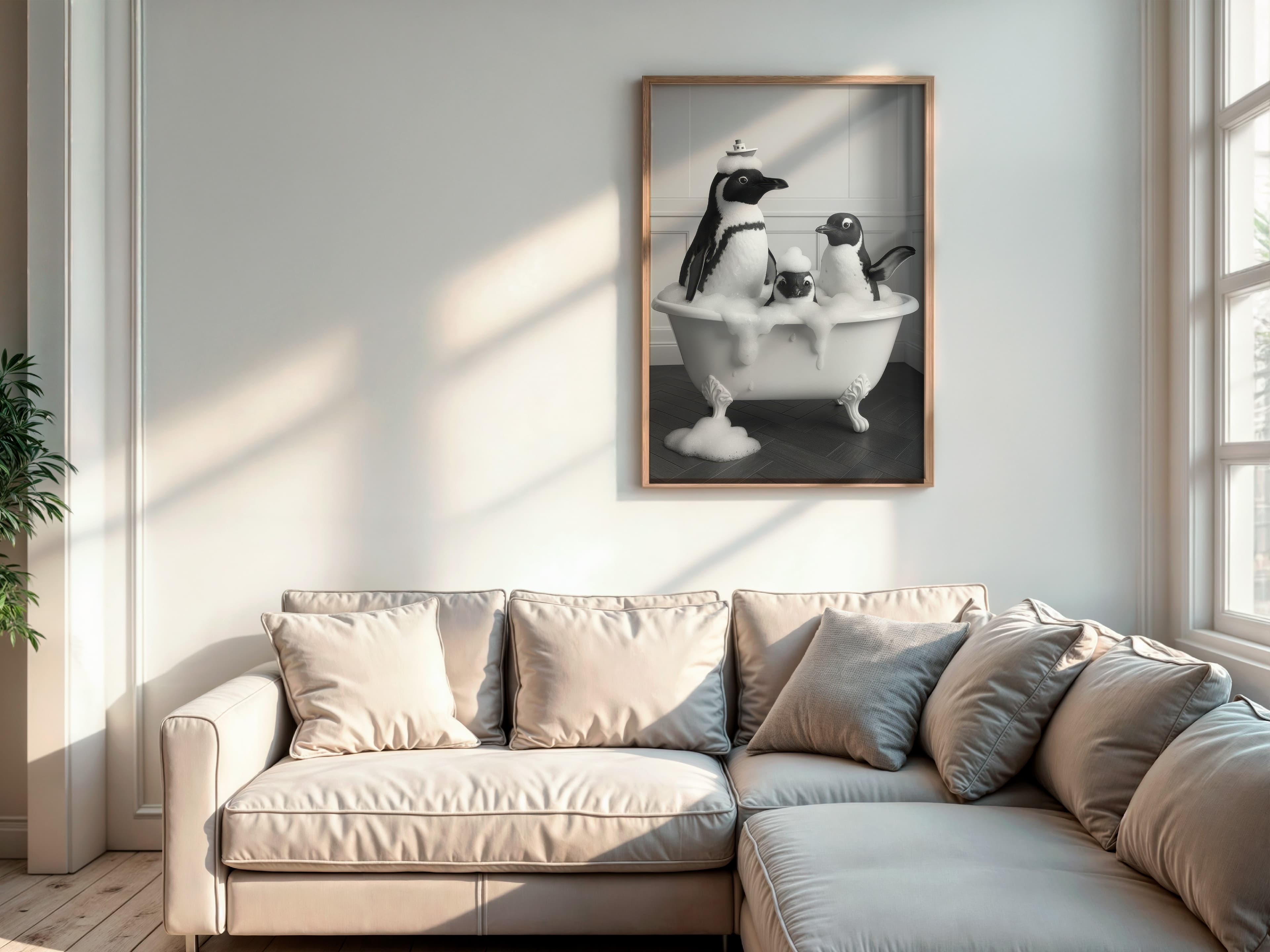 Penguin Family Bathtub Print, Funny Bathroom Wall Art, Kids Bath Decor